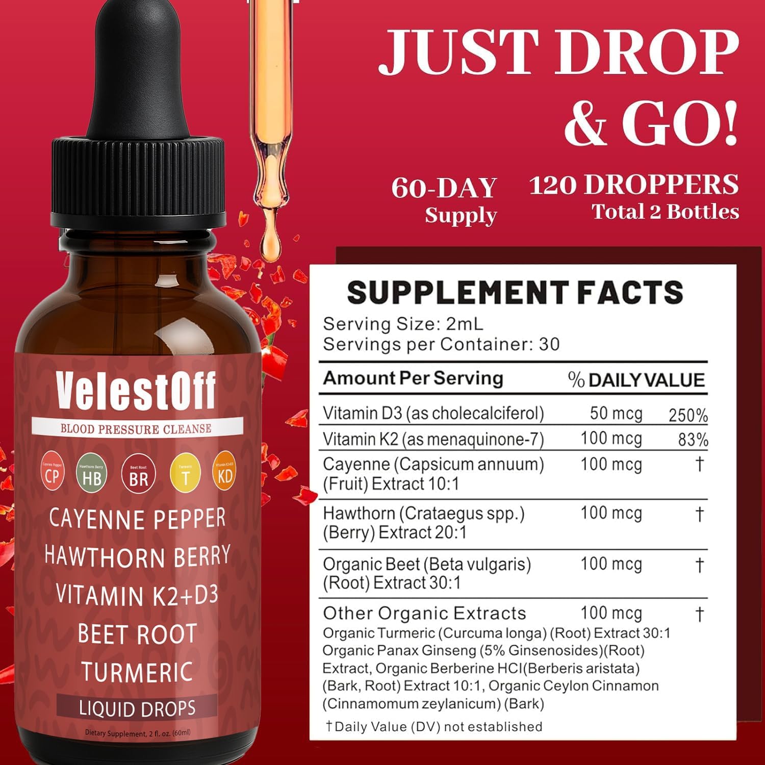 Velestoff Cayenne Pepper | Cayenne Heart & Circulation Blend – Botanical Extracts with Hawthorn, Beet Root, Turmeric, Vitamin K2 & D3 – Daily Wellness Drops (2 fl oz) (2) DFTLUUE uk supplements