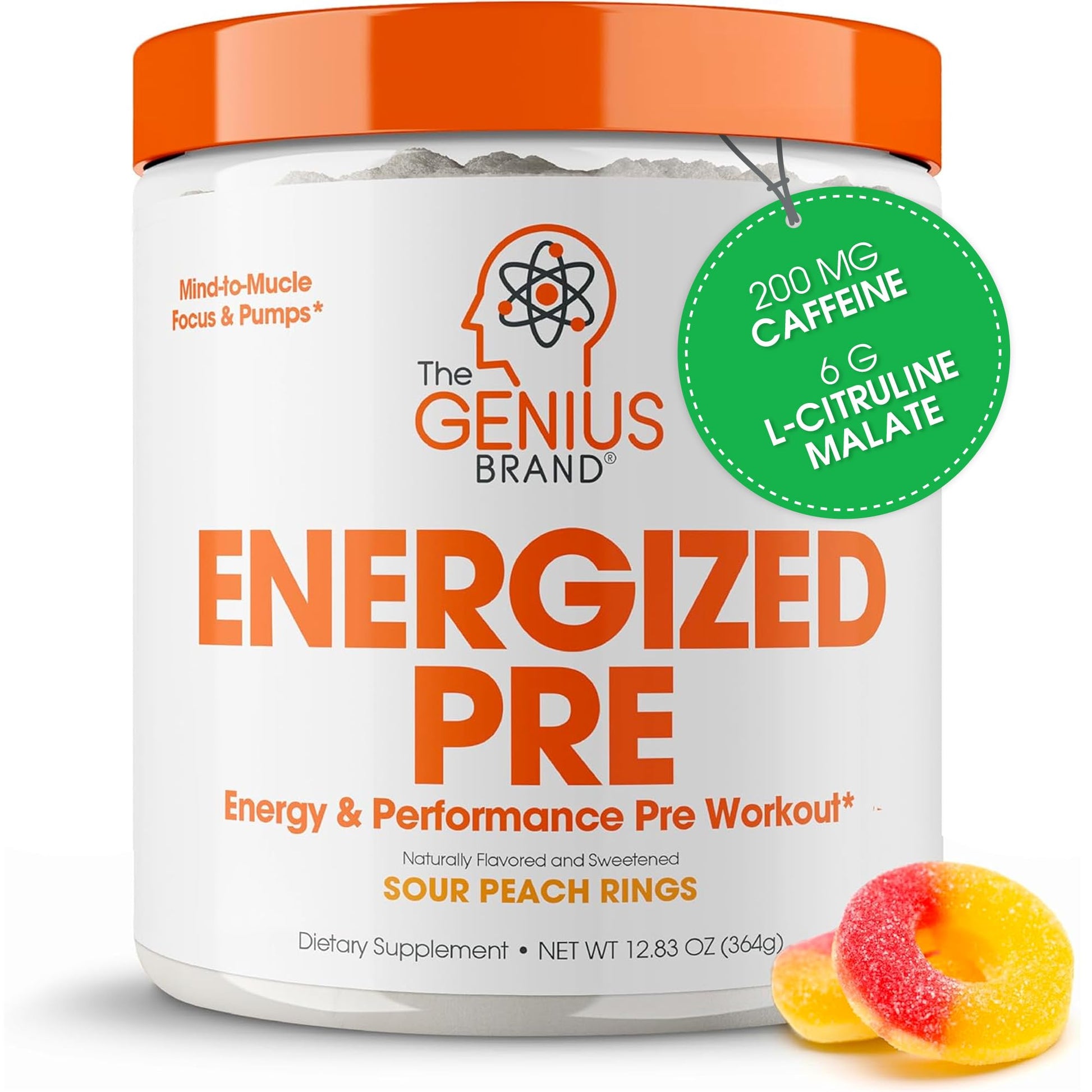 Genius Energized Pre Workout Powder – Caffeine Infused Pre-Workout Booster Supplement with Beta Alanine & Alpha GPC, No Artificial Sweeteners or Dyes - 200mg Caffeine, 20 Servings, Sour Peach Rings The Genius Brand uk supplements