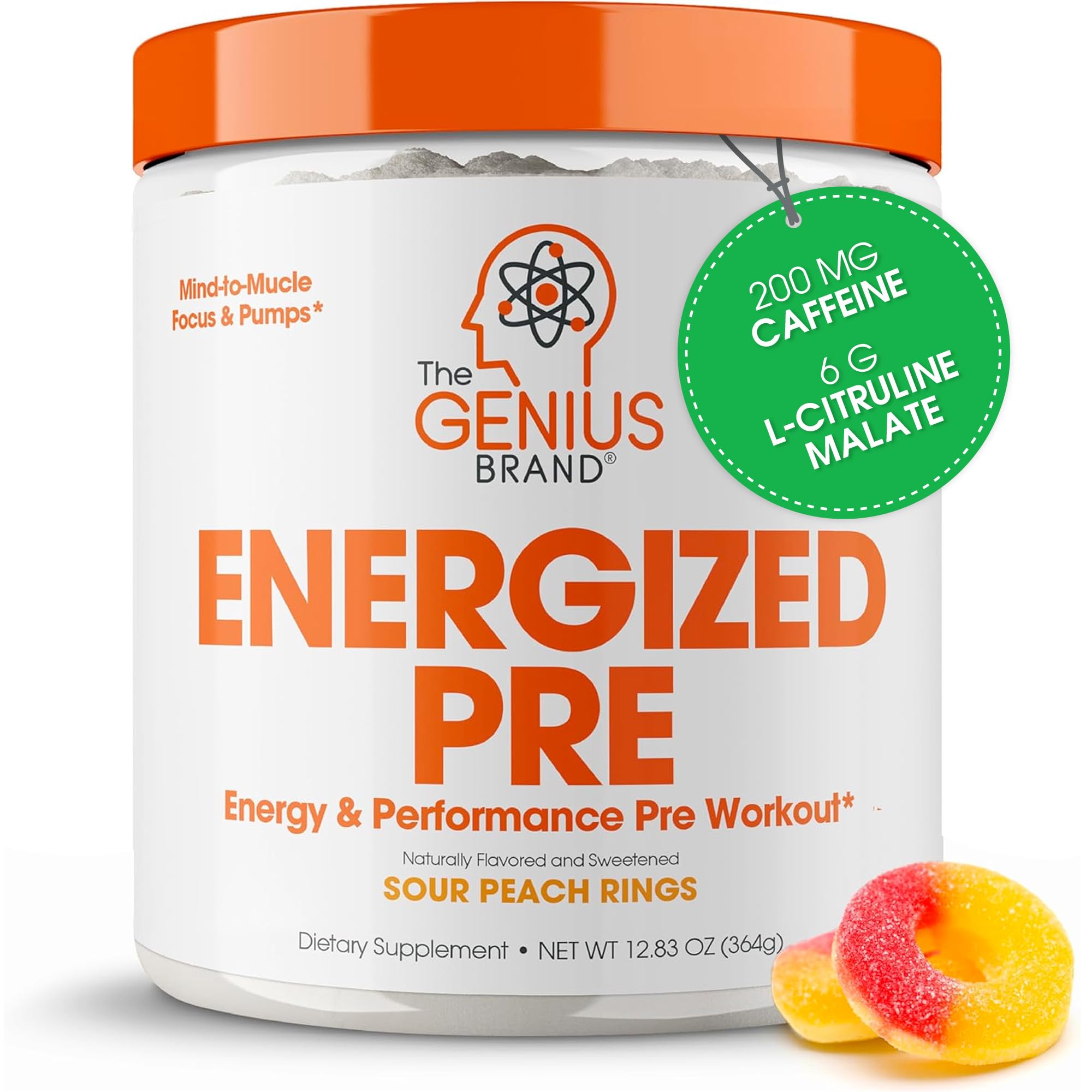 Genius Energized Pre Workout Powder – Caffeine Infused Pre-Workout Booster Supplement with Beta Alanine & Alpha GPC, No Artificial Sweeteners or Dyes - 200mg Caffeine, 20 Servings, Sour Peach Rings The Genius Brand uk supplements