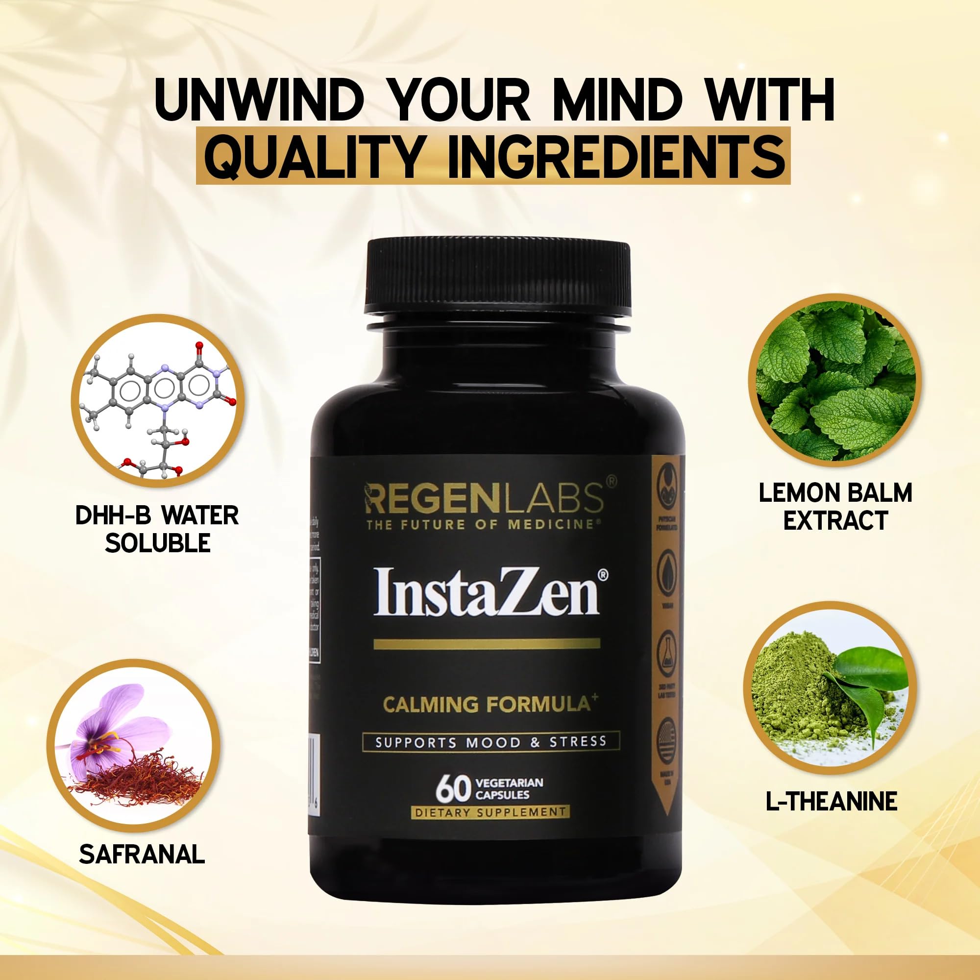 InstaZen Natural Stress Relief Supplement Mood Support | Doctor Formulated Herbal Calm Formula with DHHB, Safranal Extract, L-Theanine, Lemon Balm | Stress Support - 60 Capsules Regen Labs Regen Labs uk supplements