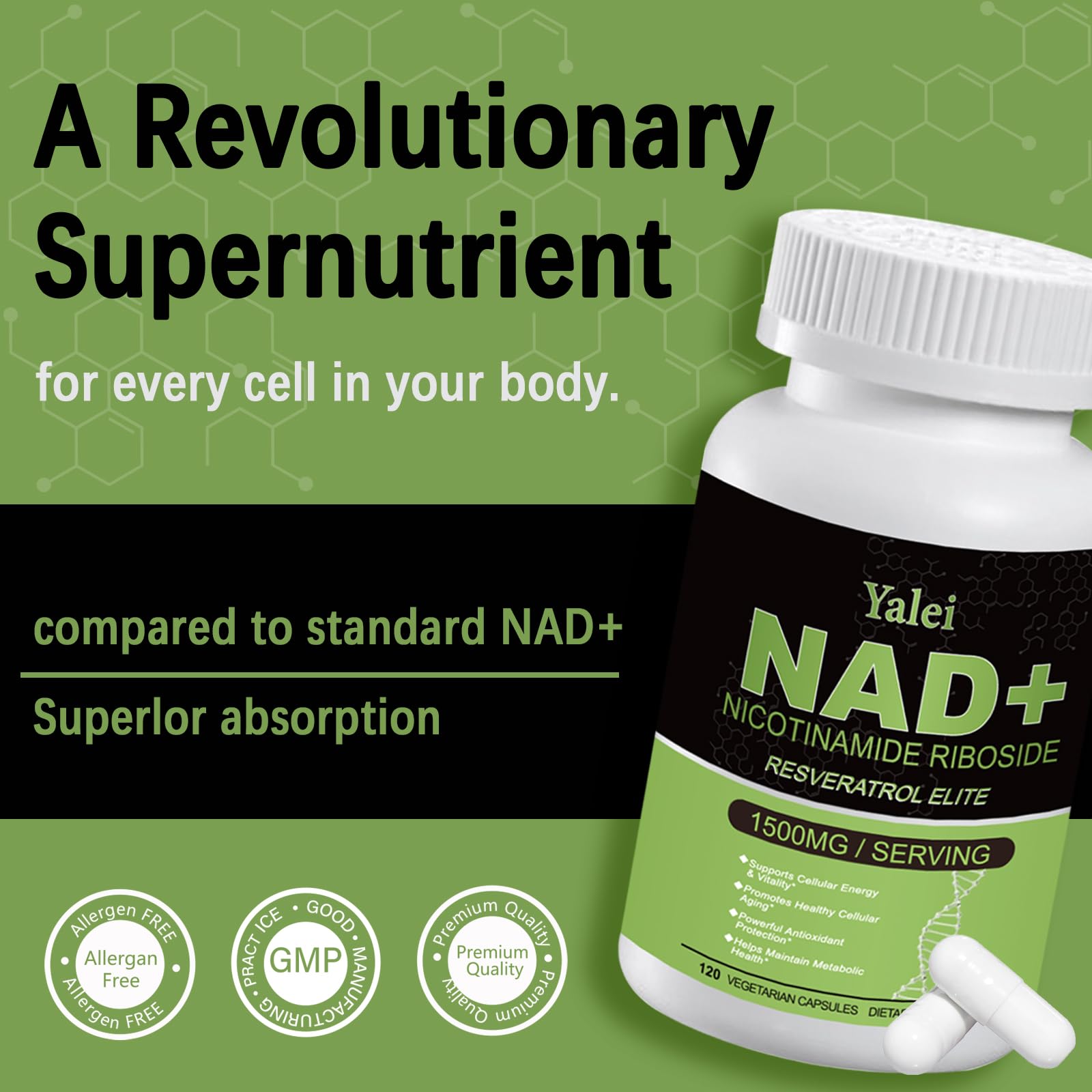 Yalei NAD Resveratrol Supplement 1500mg,120 Veggie Capsules | Liposomal NAD Plus Boosting | Support Cellular Health, Stamina & Healthy Aging for Women & Men | Non-GMO Yalei uk supplements