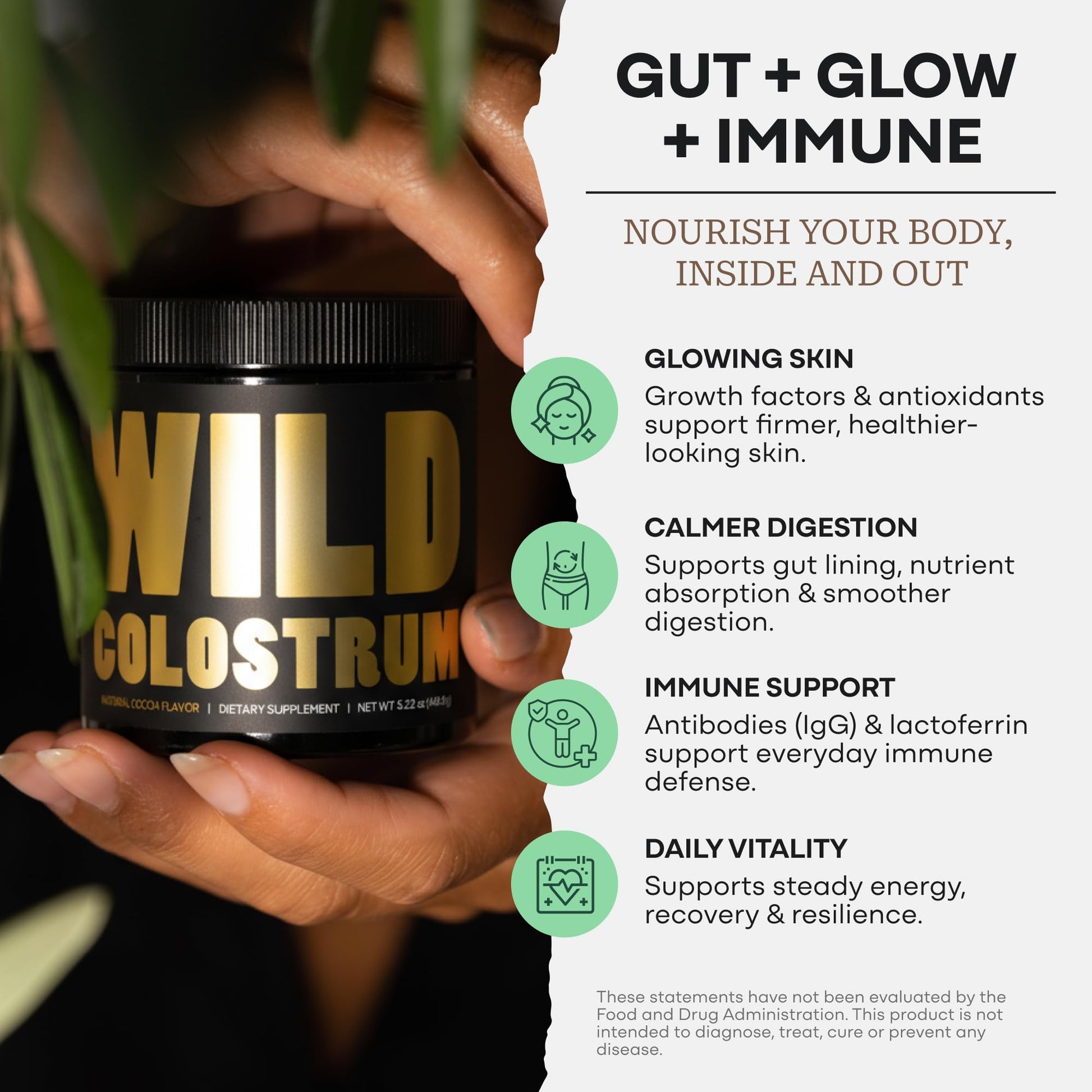 Colostrum Supplement - Grass Fed Pure Bovine Colostrum Powder - 2000mg & 400mg IgG (calostro bovino) - Gut, Immunity, Skin, Hair Support - Sugar Free, Natural Cacao Flavour, 30 Servings Wild Foods uk supplements
