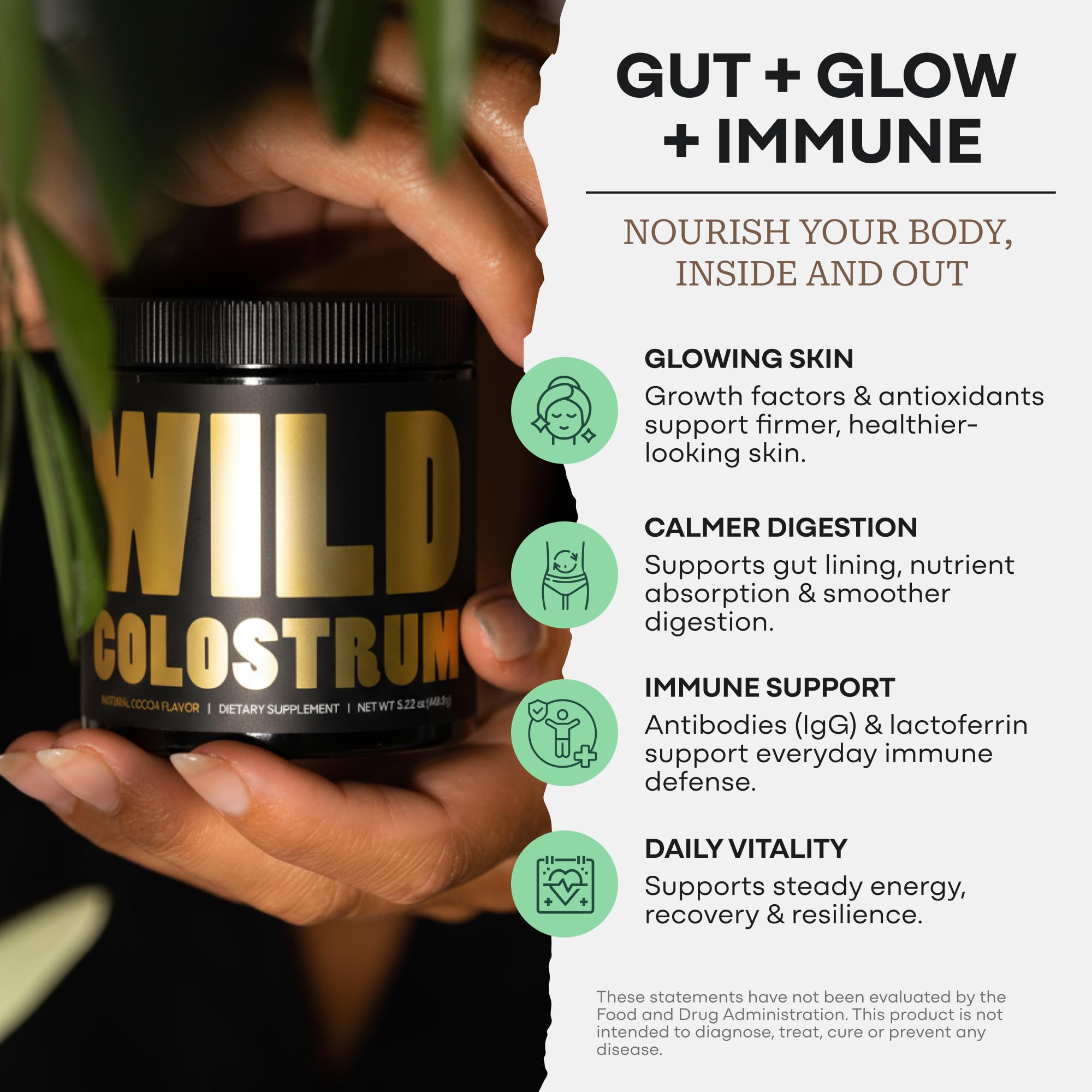 Colostrum Supplement - Grass Fed Pure Bovine Colostrum Powder - 2000mg & 400mg IgG (calostro bovino) - Gut, Immunity, Skin, Hair Support - Sugar Free, Natural Cacao Flavour, 30 Servings Wild Foods uk supplements