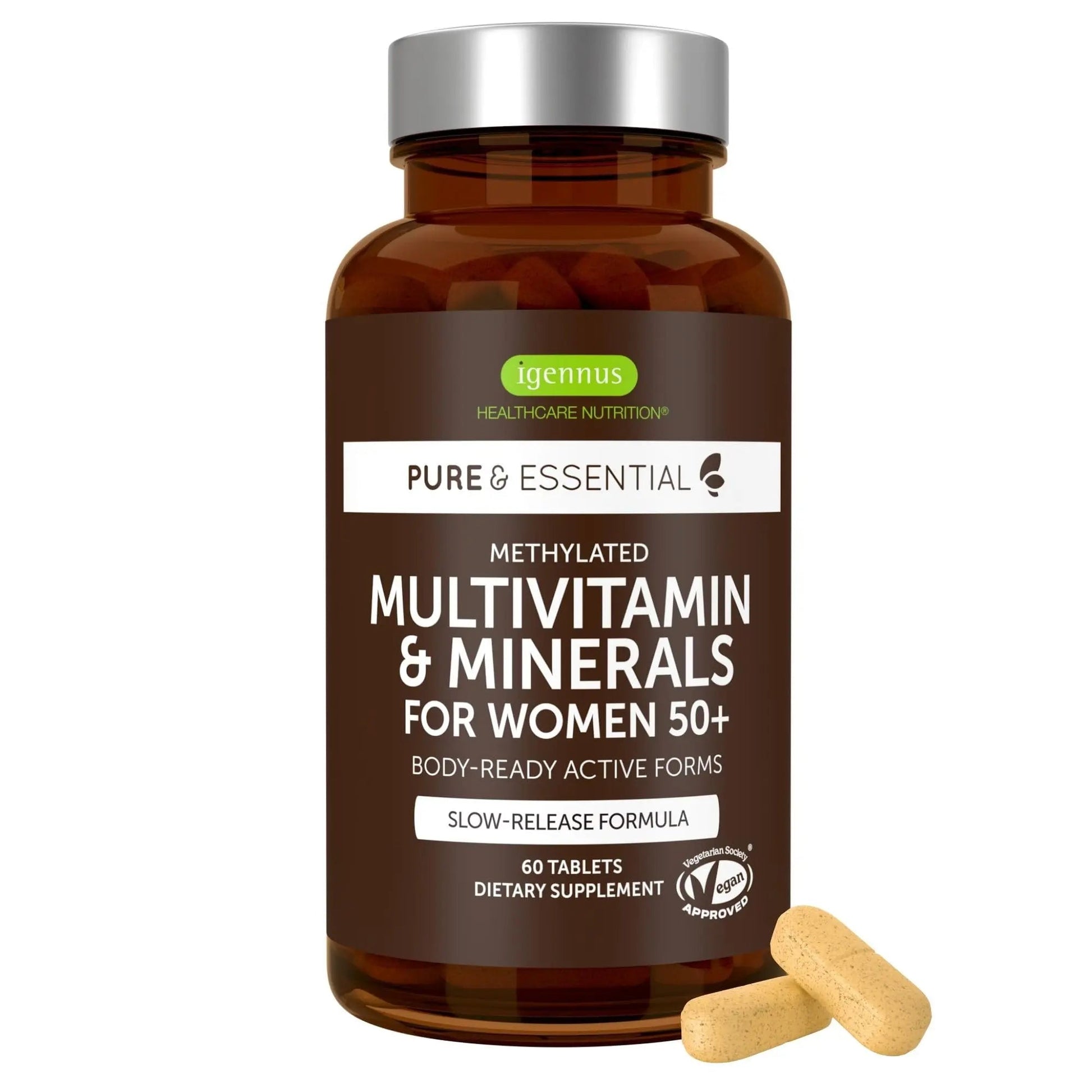 Igennus Methylated Women's 50+ Multivitamin with Calcium & Magnesium, Pure & Clean, All-Day Nutrient Delivery with High-Strength B-Vitamins Igennus Healthcare Nutrition uk supplements