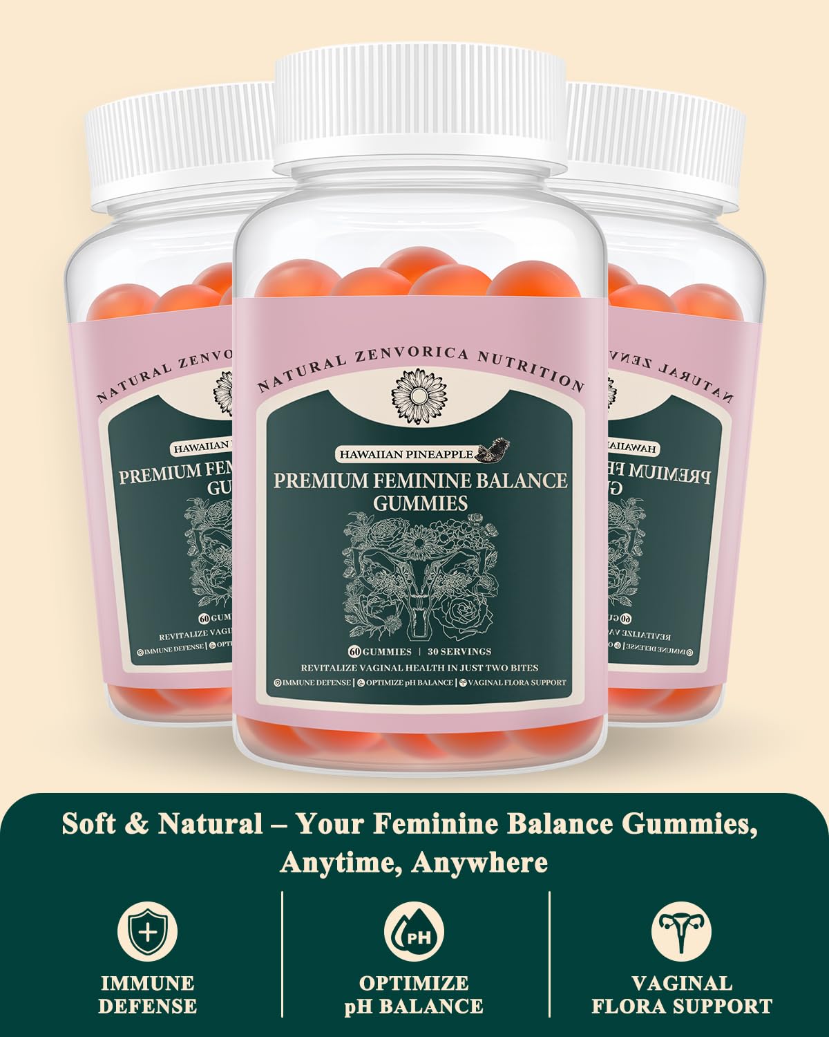 Zenvorica Premium Feminine Balance Gummies for Women - Hawaiian Pineapple pH Balance Probiotic Gummies for Odor and Flora Wellness, Immune Support, Vegan, 60 Count Zenvorica uk supplements