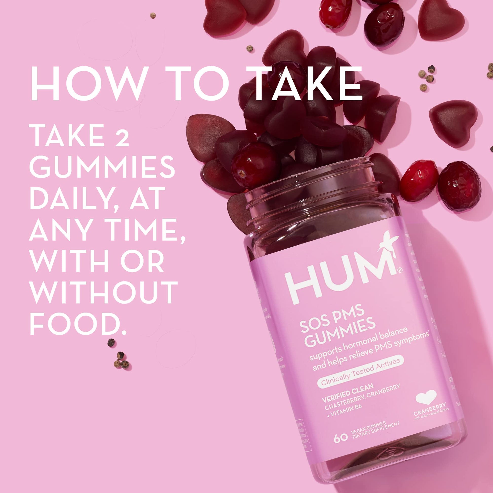 HUM Nutrition SOS PMS Gummies, PMS Support Supplement for Women, Support Cycle Symptoms, Bloating, Hormonal Balance, Includes Vitamin B6, Cranberry & Chasteberry Vitex, Gluten Free, 60 Vegan Gummies HUM uk supplements