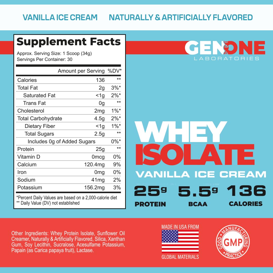 GenOne Whey Protein Powder Isolate, 25g Protein and 5.5g BCAAs per Serving, Vanilla Ice GENONE LABORATORIES uk supplements