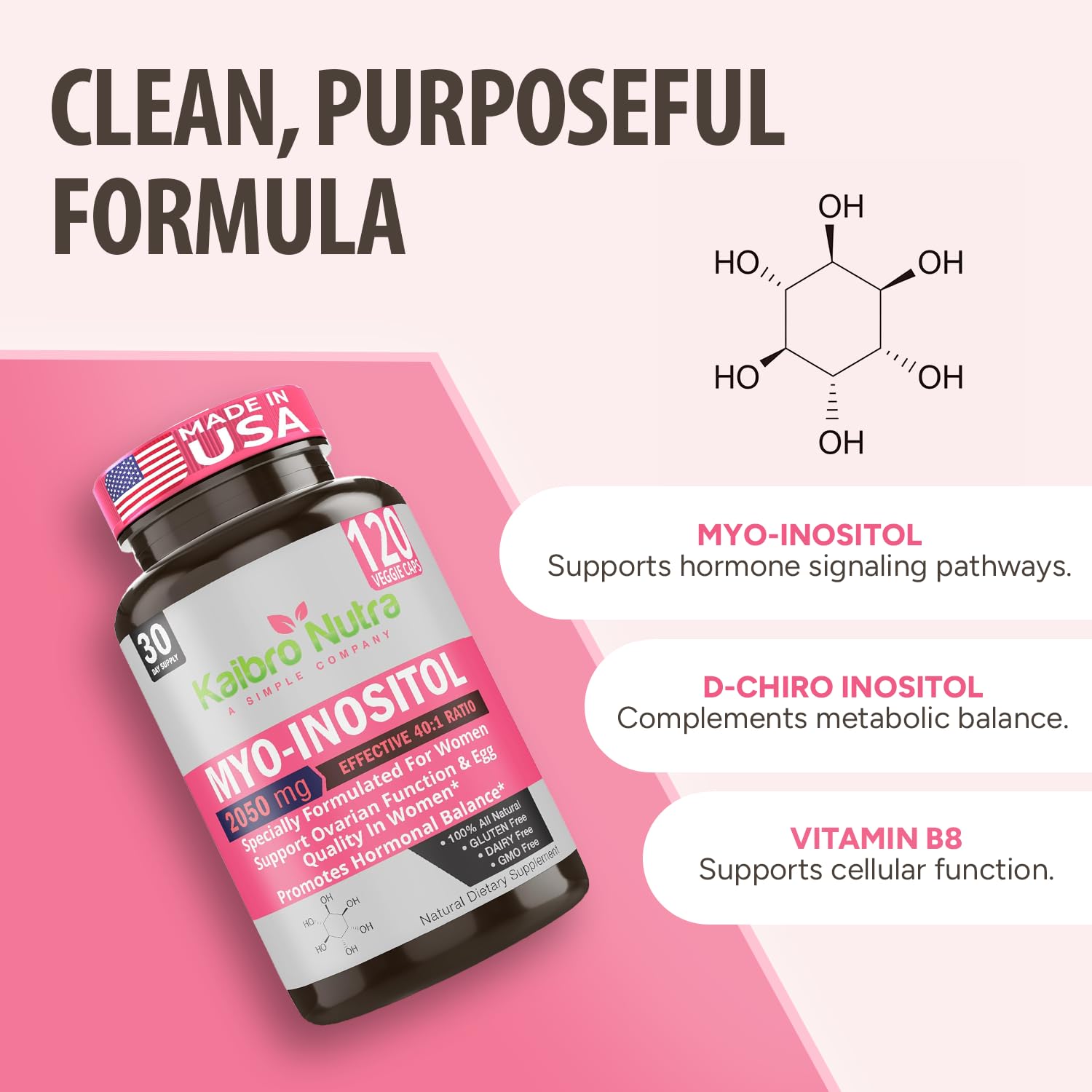 Kaibro Nutra Myo-Inositol Supplement, Myo-Inositol & D-Chiro Inositol 40:1 Ratio, Hormone Balance & Ovarian Support for Women with Vitamin B8, 2050mg, Vegan, Non-GMO Capsules 120 Count Kaibro Nutra uk supplements