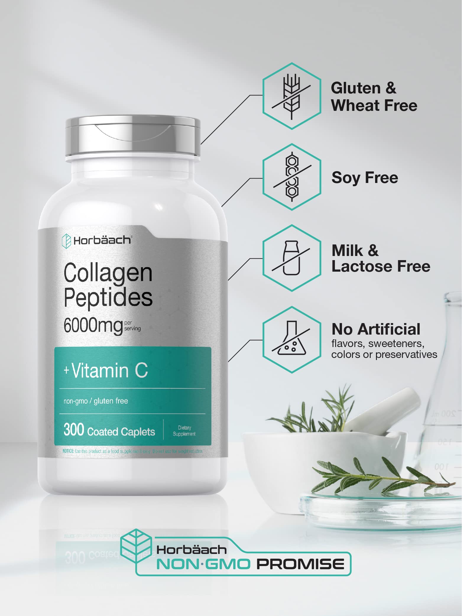 Horbäach Collagen Peptides 6000mg | 300 Caplet Pills | with Vitamin C | Hydrolyzed Collagen Supplement | Non-GMO, Gluten Free Horbäach uk supplements