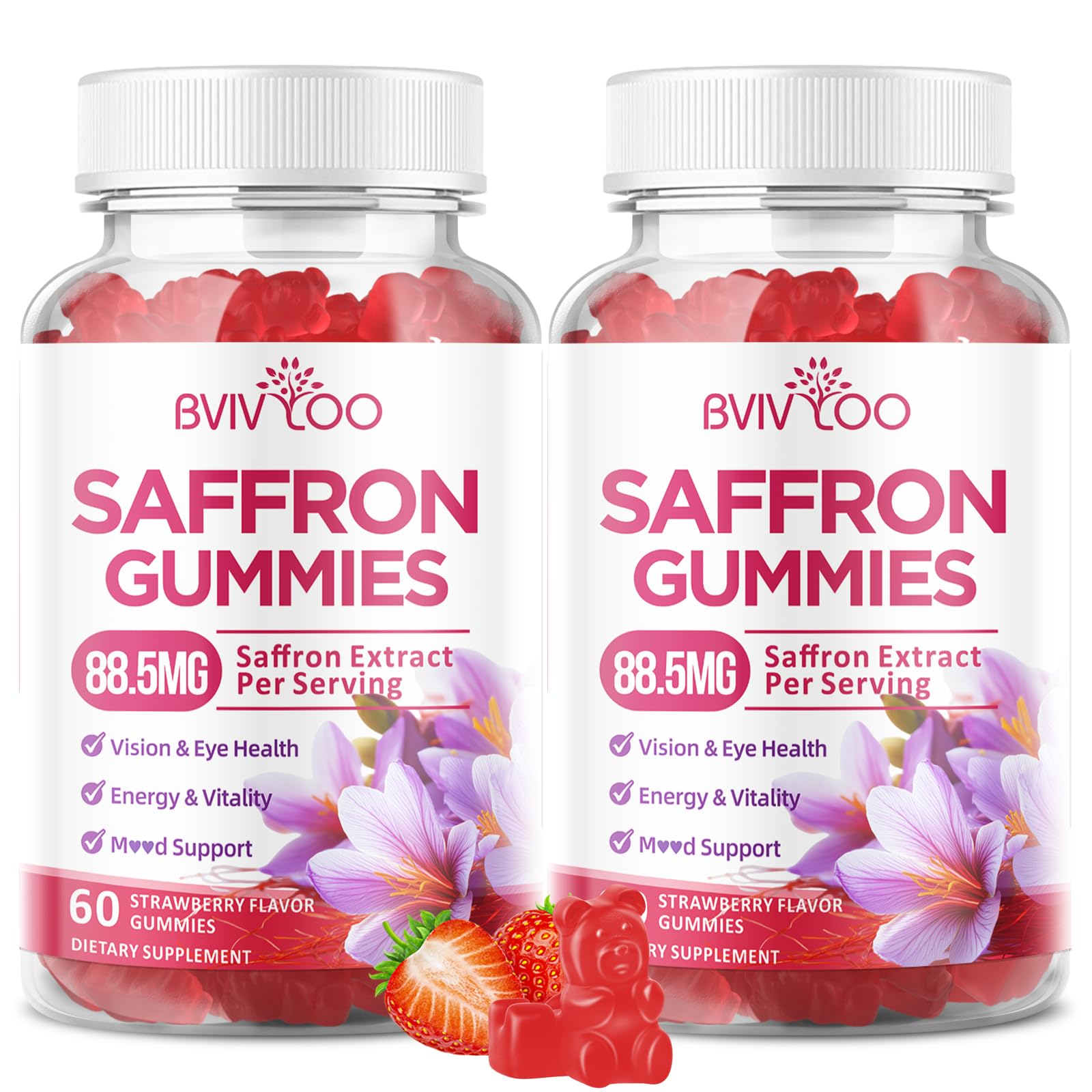 Saffron Gummies for Adult Kids, 10-IN-1 Formula with Saffron 88.5mg, Vitamins D3 & B6, Magnesium, Zinc, Ashwagandha, L-Theanine, St. John's Wort - Supports Mood & Focus, Strawberry Flavor, 60 Count BVIVLOO uk supplements