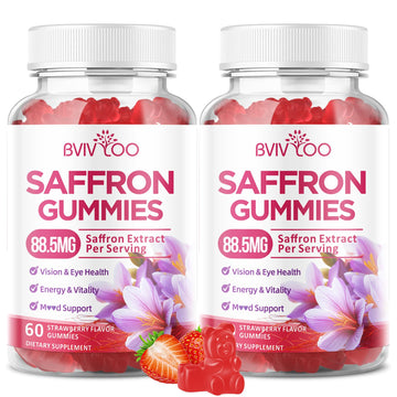 Saffron Gummies for Adult Kids, 10-IN-1 Formula with Saffron 88.5mg, Vitamins D3 & B6, Magnesium, Zinc, Ashwagandha, L-Theanine, St. John's Wort - Supports Mood & Focus, Strawberry Flavor, 60 Count BVIVLOO uk supplements