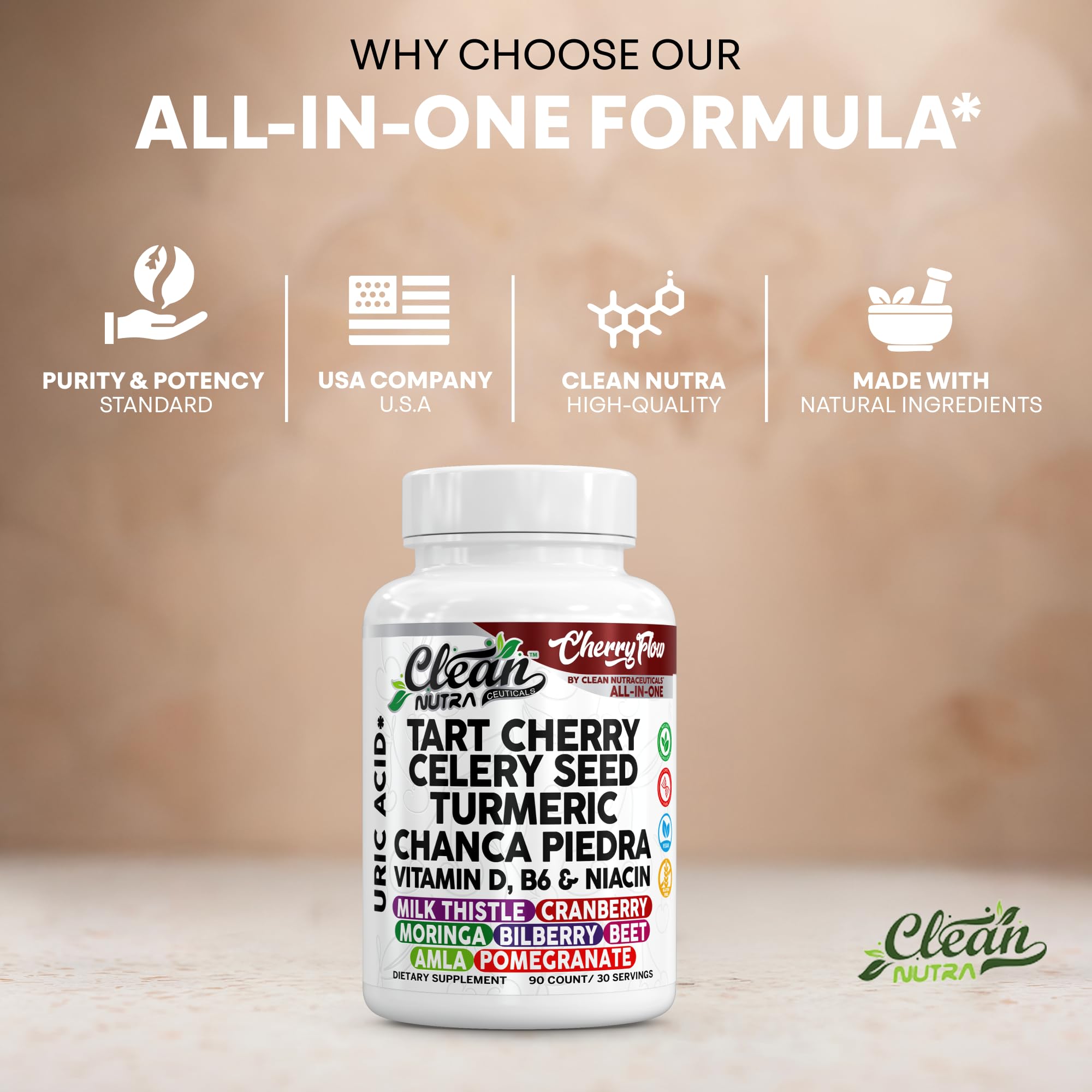 Cherry Flow Tart Cherry Capsules Uric Acid Support Celery Seed Turmeric Chanca Piedra Vitamin D Vitamin B6 Niacin Milk Thistle Moringa Extract Pomegranate Beets 90 Count By Clean Nutra Clean Nutraceuticals uk supplements