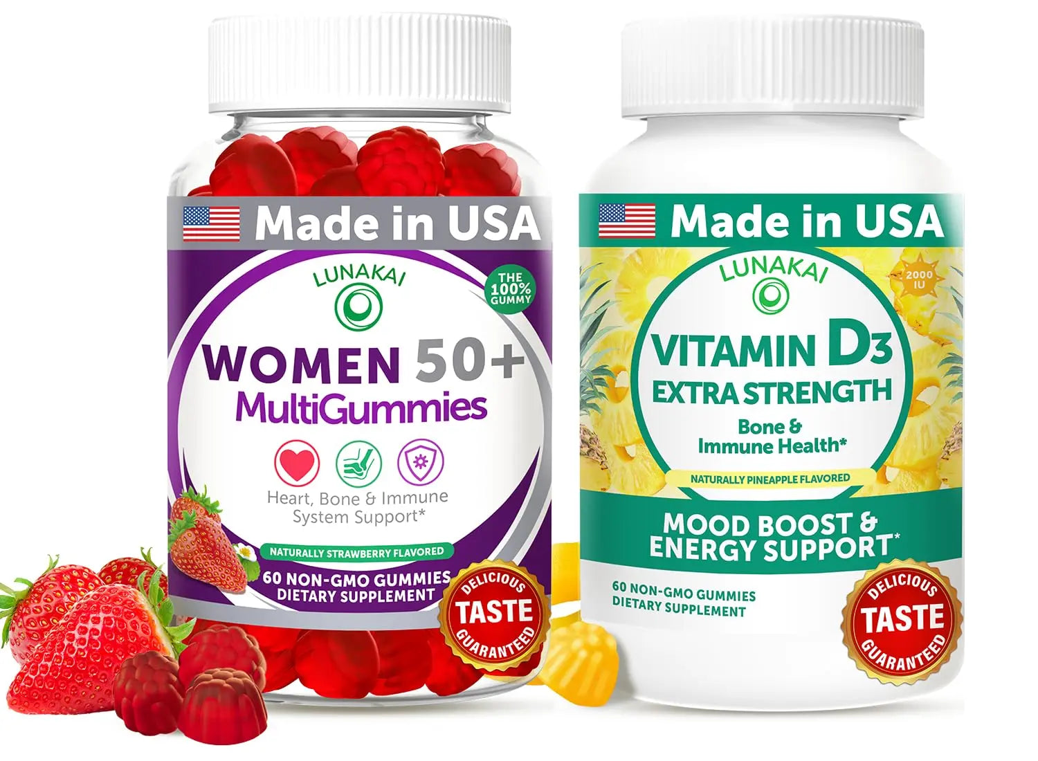 Lunakai USA Made Women’s 50+ Multivitamin & Vitamin D3 Gummies Bundle, Supports Bone, Heart, Immune & Energy Health, Non-GMO, Gluten-Free, Delicious Strawberry & Pineapple Flavors, 60ct Each Lunakai uk supplements