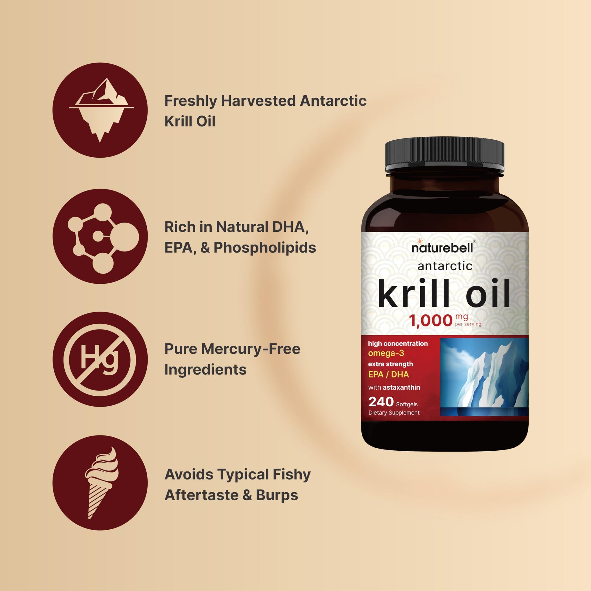 NatureBell Antarctic Krill Oil 1000mg Supplement, 240 Softgels, Natural Source of Omega-3 NatureBell uk supplements