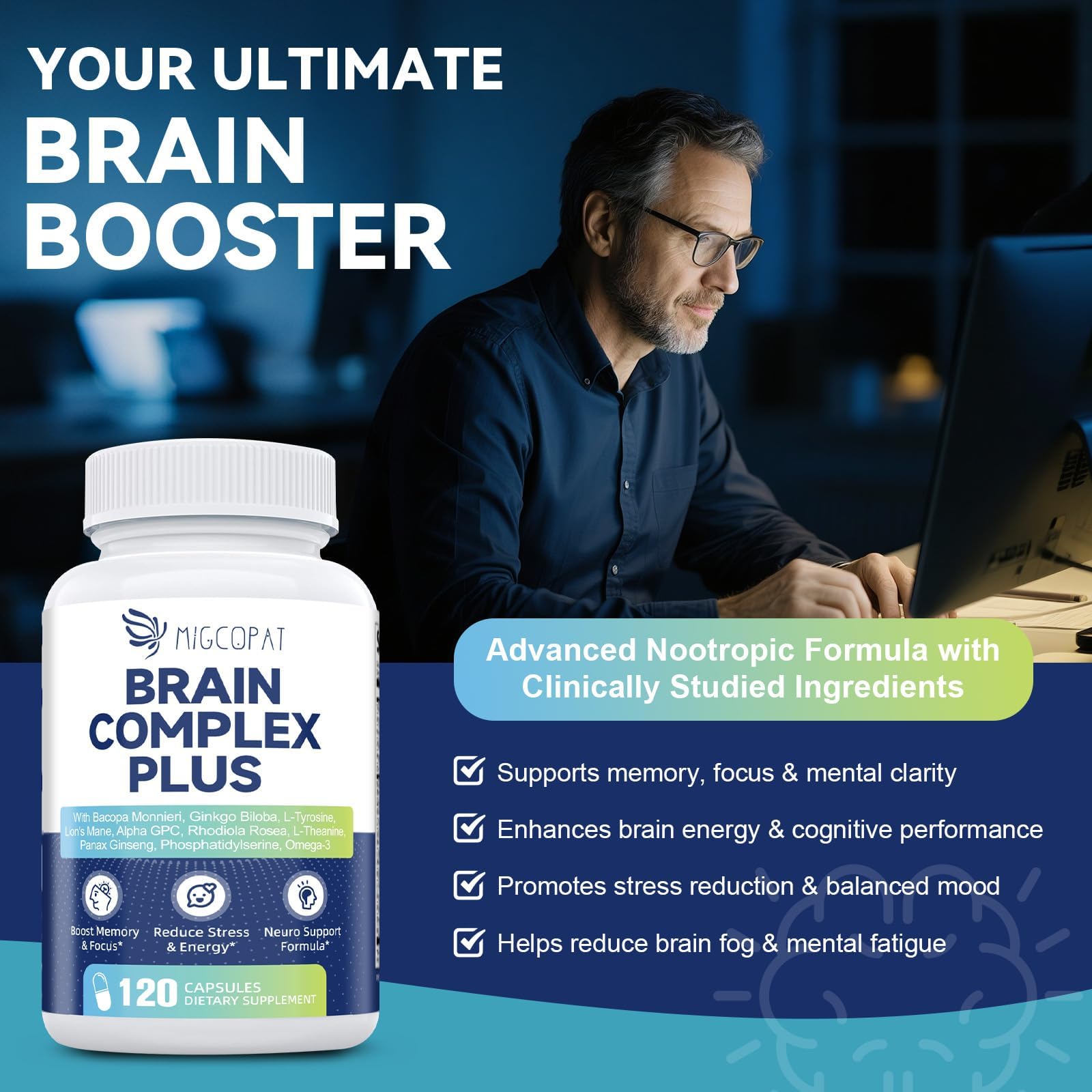 Brain Supplements for Memory and Focus | Nootropic with Bacopa Monnieri, Lion's Mane, Alpha GPC, Ginkgo Biloba | Mental Clarity & Cognitive Support | Vitamin B6 & B12 Neuro Health - Non-GMO, 120 Caps Migcopat uk supplements