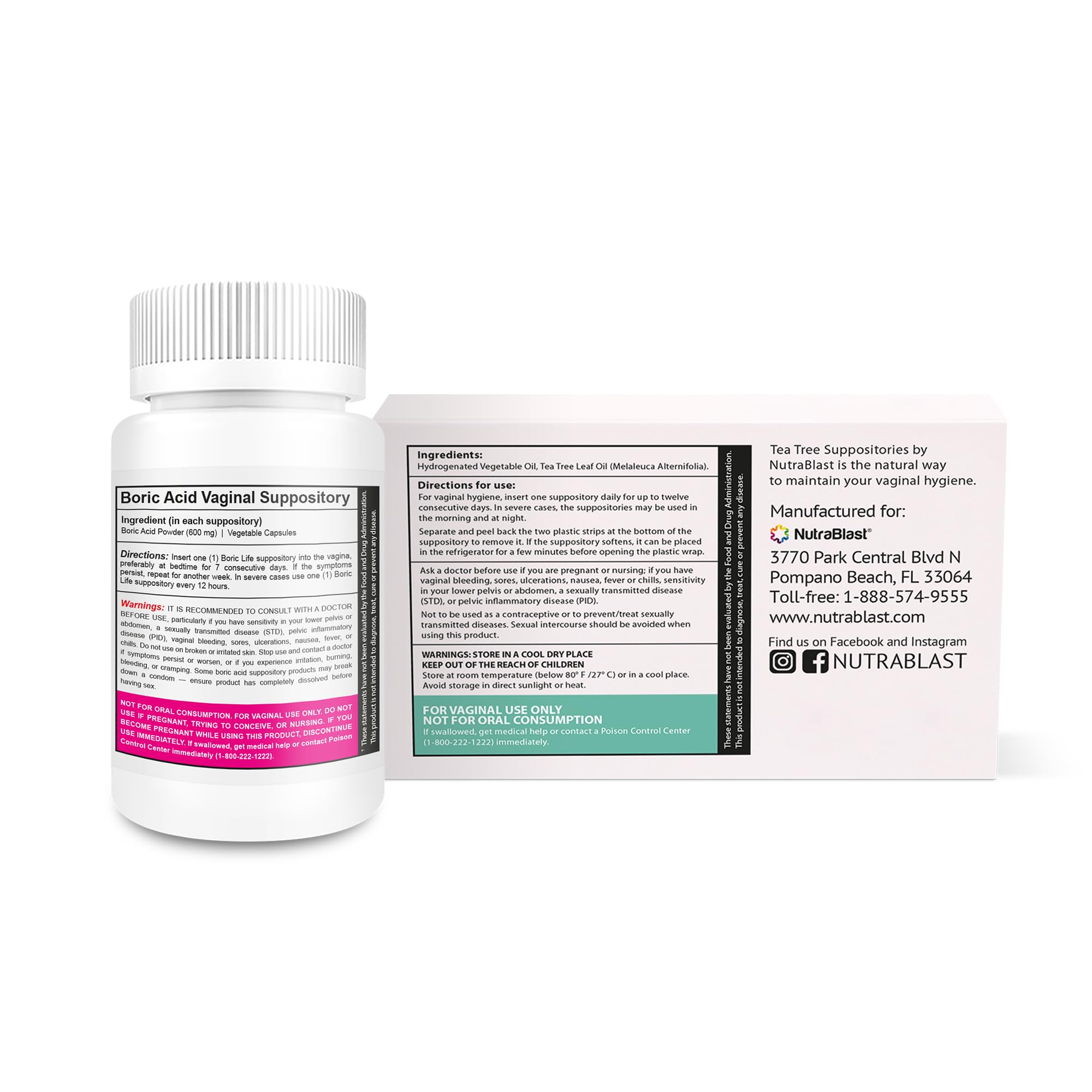NutraBlast Boric Acid Suppositories 600mg (30 Count) Bundle with Tea Tree Oil Suppositories (12 Count) | All Natural Intimate Deodorant for Women | Restore Feminine pH Balance NutraBlast uk supplements