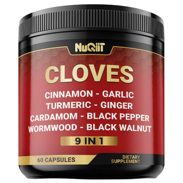 9in1 Clove Supplement Rich in Vitamins & Minerals for Digestive, Immune System, Bone & Heart Health with Cinnamon, Turmeric, Ginger, Cardamom, Garlic, Wormwood, Black Walnut - 60 Capsules - 30 Days NUQIIT uk supplements