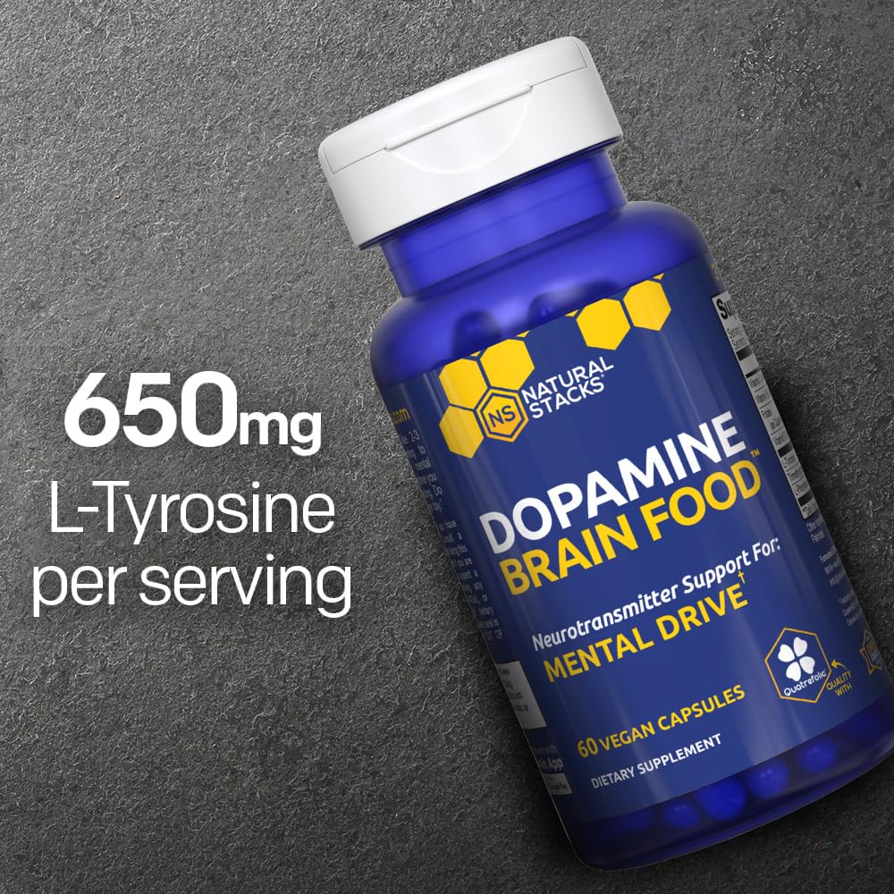 NATURAL STACKS Dopamine Brain Food - 650mg L-Tyrosine Supplement - Dopamine Supplement for Focus & Mental Drive - Supports Mental Energy - Neurotransmitter Support with B Vitamins - 60 Capsules NATURAL STACKS uk supplements