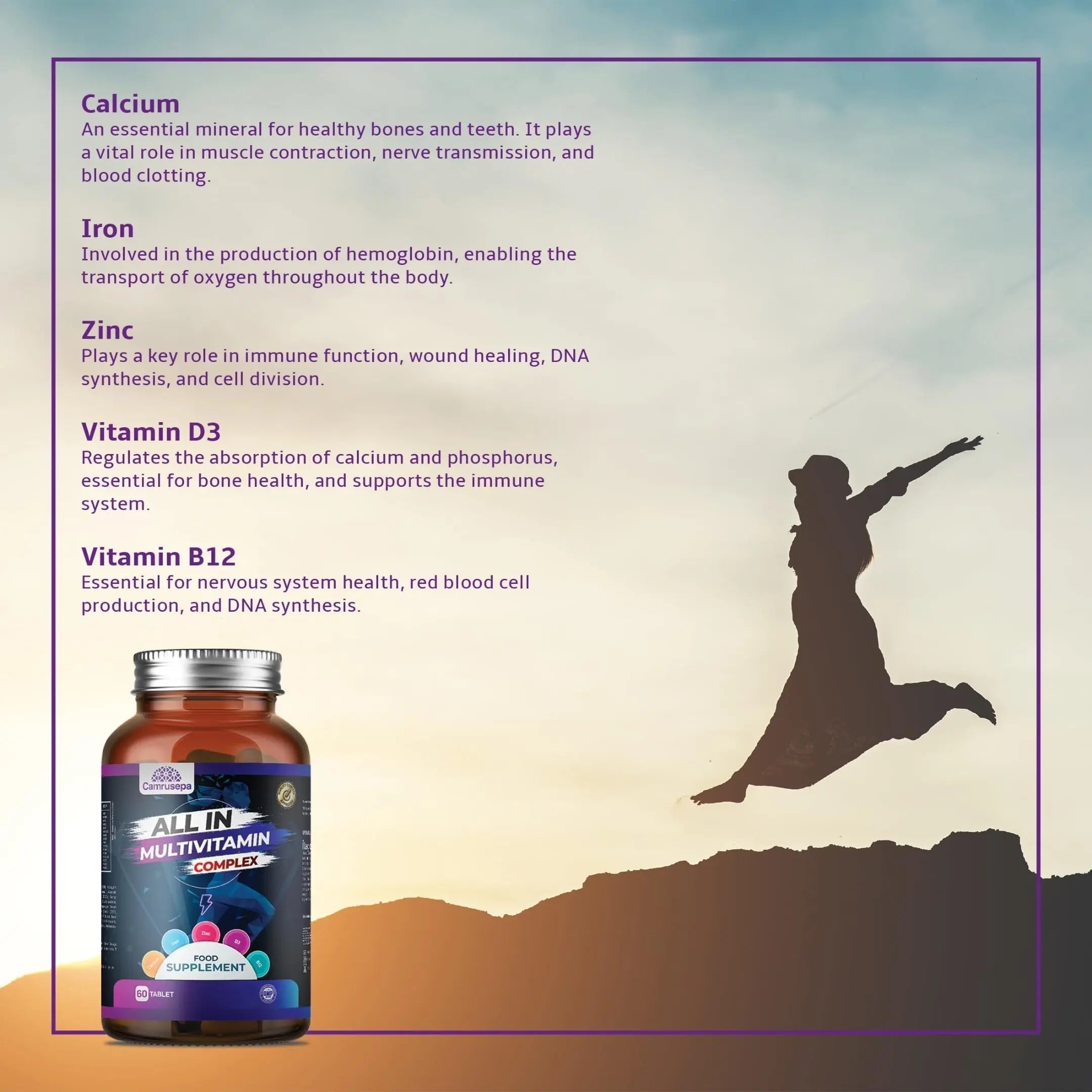 CAMRUSEPA All in Multivitamin Complex – Daily Tablet with Calcium, Iron, Zinc, Vitamin C, B Complex, D3, E, A & More – Complete Daily Nutritional Support for Adults Camrusepa uk supplements