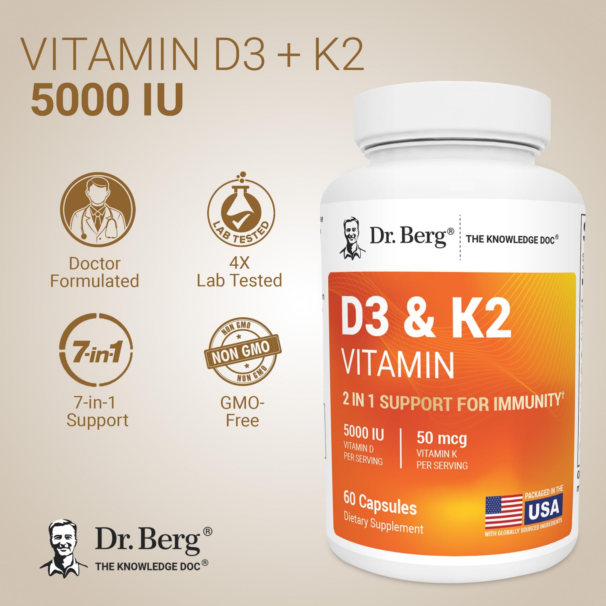 Dr. Berg Vitamin D3 & K2 5,000 IU + MK-7 – 60 Capsules – Immune, Bone & Heart Support* Supplement w/Magnesium, Zinc, B6 – 4X Lab-Tested – No Fillers – Non-GMO, cGMP, Formulated in USA Dr. Berg Nutritionals uk supplements
