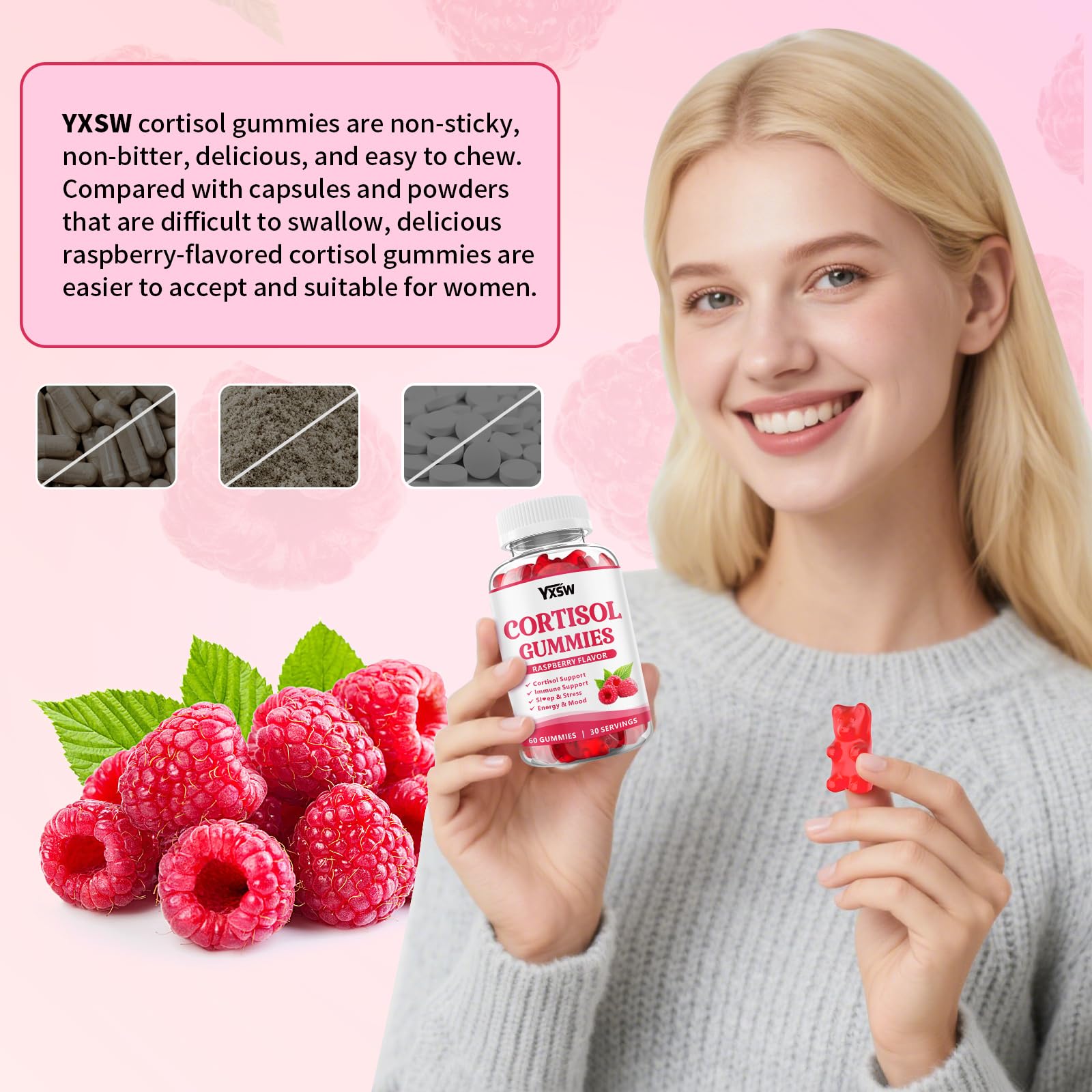 YXSW Cortisol Supplements Gummies for Women Sugar-Free Cortisol Gummies with Magnesium Glycinate Ashwagandha Rhodiola Rose for Relaxation, Focus, Zzz Support, Raspberry Flavor, 60 Count YXSW uk supplements