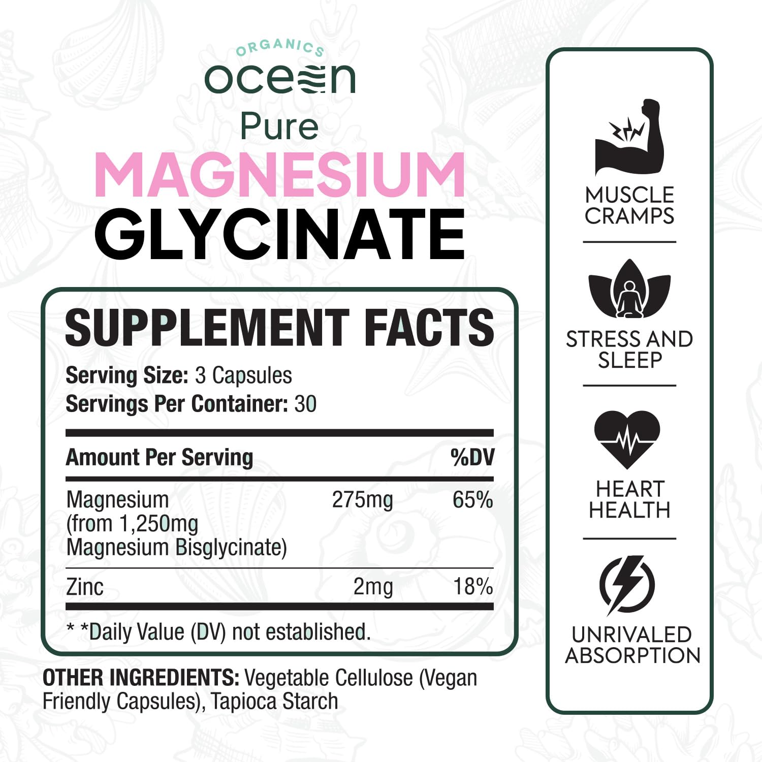 Organics Ocean Pure Magnesium Glycinate with Zinc - Maximum Strength Chelated Magnesium Supplement for Women and Men for Muscle Cramps and Sleep Support - 90 Capsule Organics Ocean uk supplements