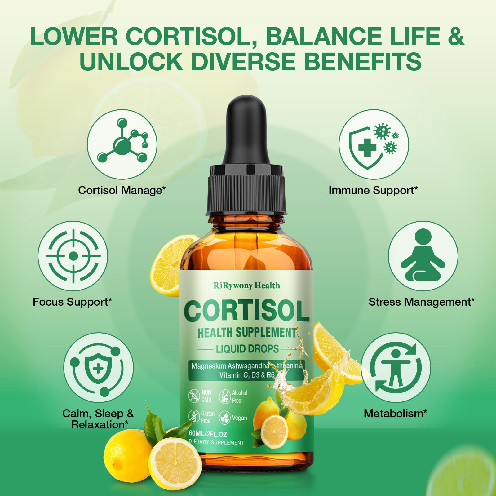 Cortisol Supplement for Women & Men - Cortisol Detox Reducer Magnesium Glycinate, Ashwagandha, L-Theanine, Phosphatidylserine - Hormone Balance for Calm Mood Focus Sleep (2 FL.OZ Lemon) RiRywony Health uk supplements