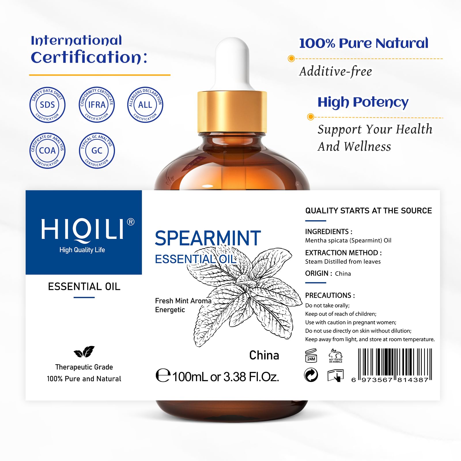 HIQILI 100ML Spearmint Essential Oil for Skin Care -100% Pure Treatment Grade - 3.38 Fl Oz. HIQILI uk supplements