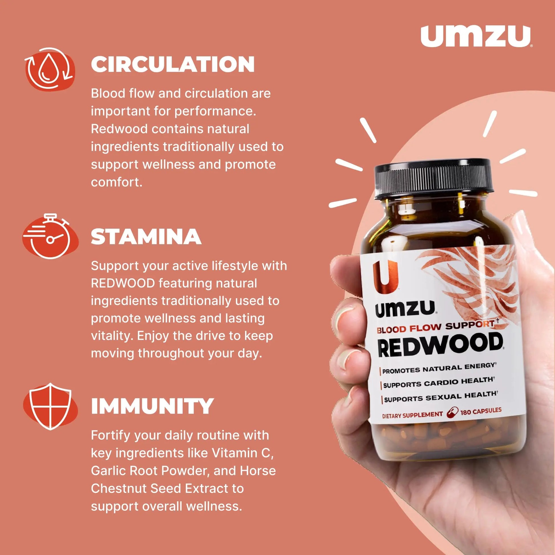 UMZU Redwood Nitric Oxide Booster, (30 Day Supply) – Vitamin C, Garlic & Horse Chestnut – Healthy Circulation & Endurance – Daily Cardiovascular Support Nitric Oxide UMZU uk supplements