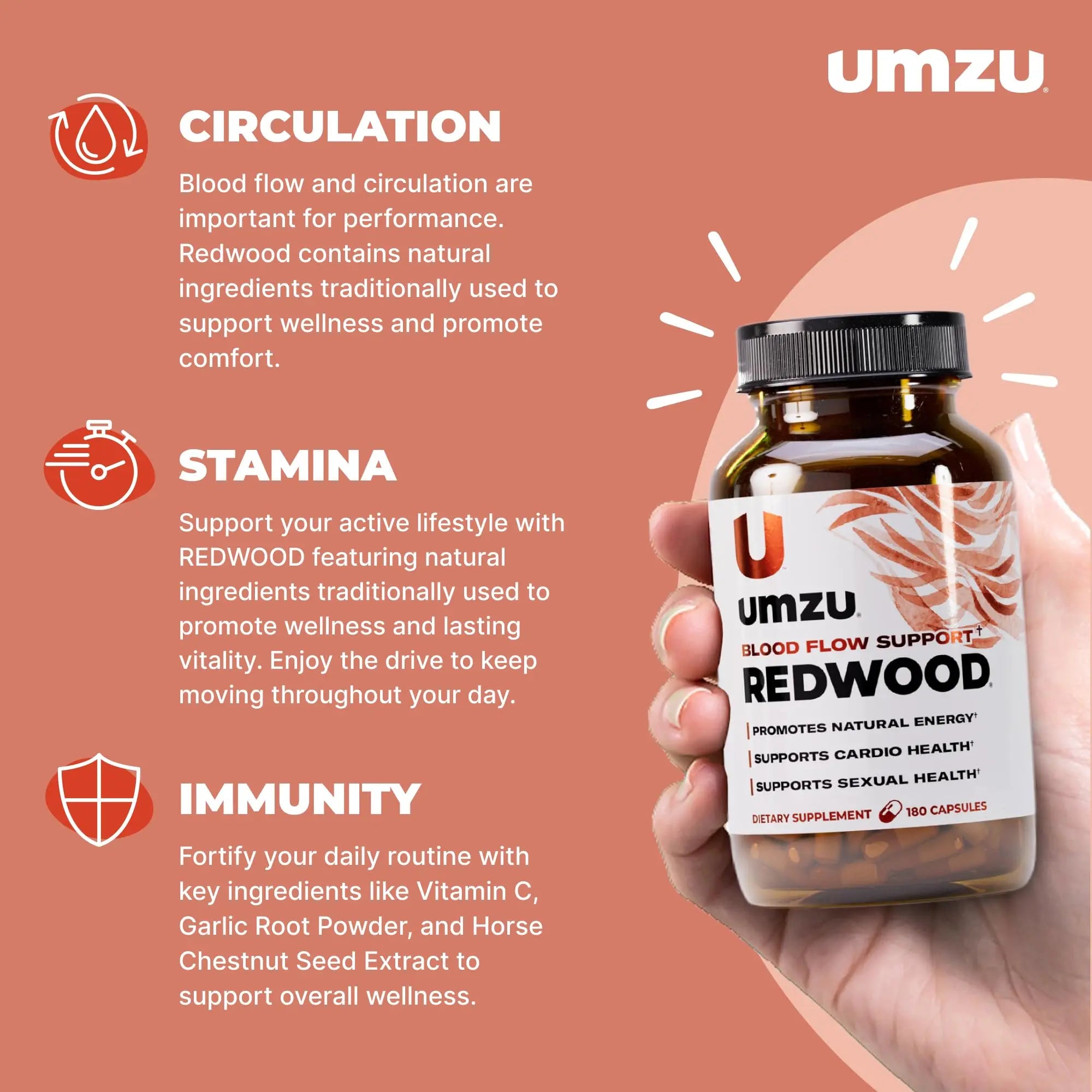 UMZU Redwood Nitric Oxide Booster, (30 Day Supply) – Vitamin C, Garlic & Horse Chestnut – Healthy Circulation & Endurance – Daily Cardiovascular Support Nitric Oxide UMZU uk supplements
