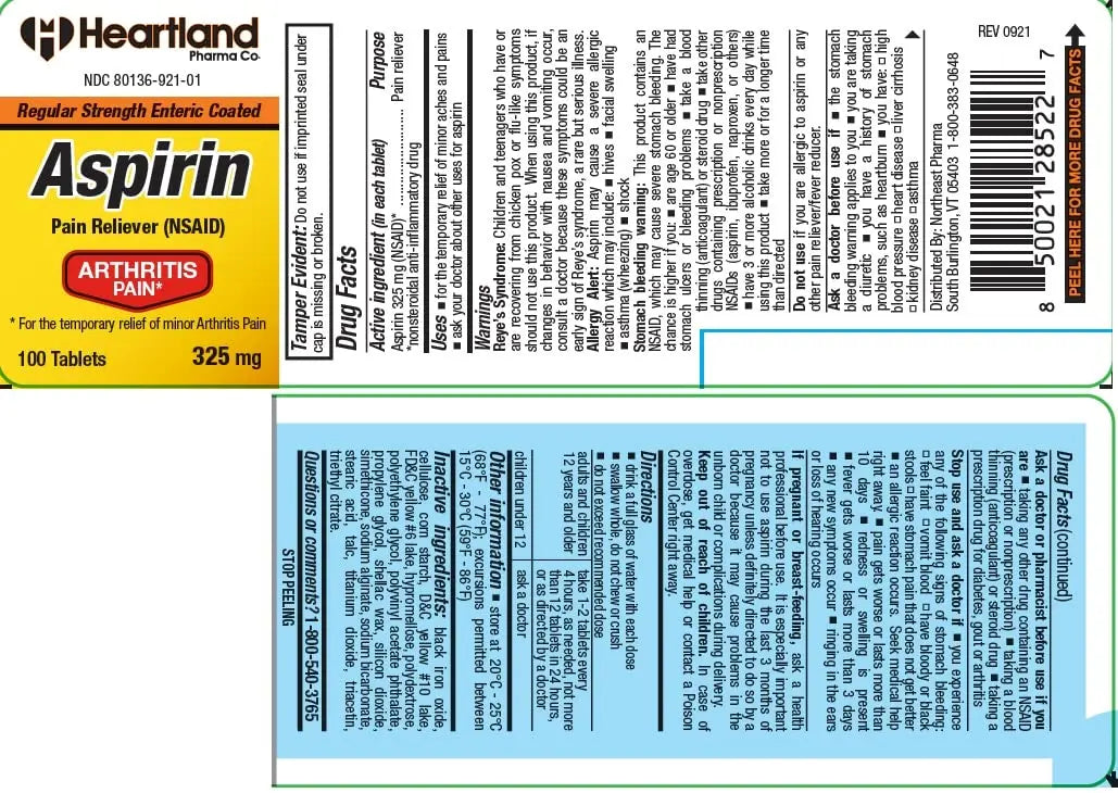 Heartland Pharma Aspirin 325mg Enteric Coated Tablets | Original Strength NSAID Pain Reliever & Fever Reducer | Joint Pain Relief for Arthritis | Child-Resistant Safety Cap | Made in USA | 100 Count Heartland Pharma uk supplements