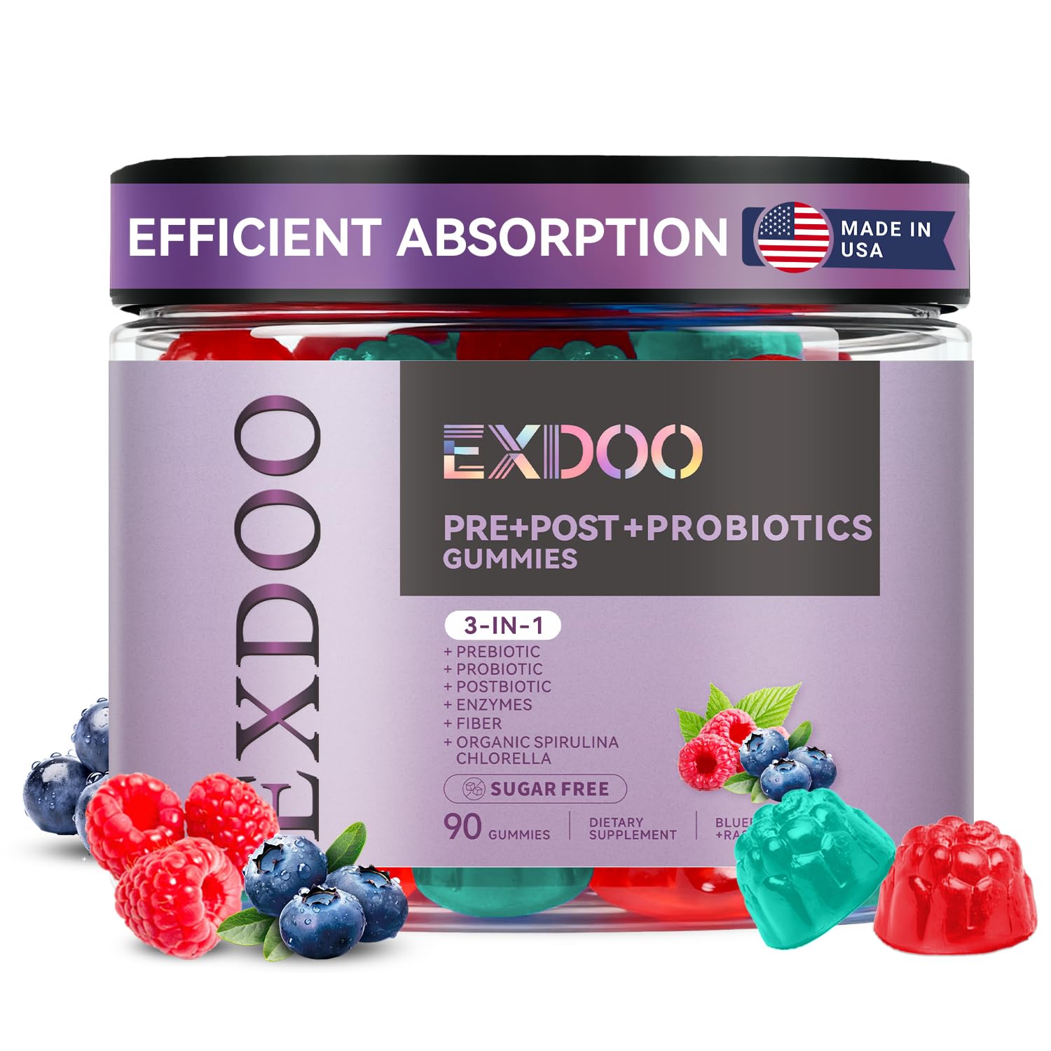 exdoo 3-in-1 Probiotic Gummies Prebiotic+Probiotic+Postbiotic with Organic Spirulina Chlorella Immune Gut & Digestive Support 90 Count exdoo uk supplements