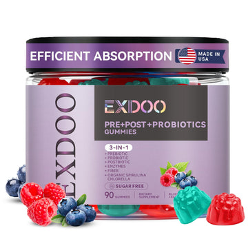 exdoo 3-in-1 Probiotic Gummies Prebiotic+Probiotic+Postbiotic with Organic Spirulina Chlorella Immune Gut & Digestive Support 90 Count exdoo uk supplements