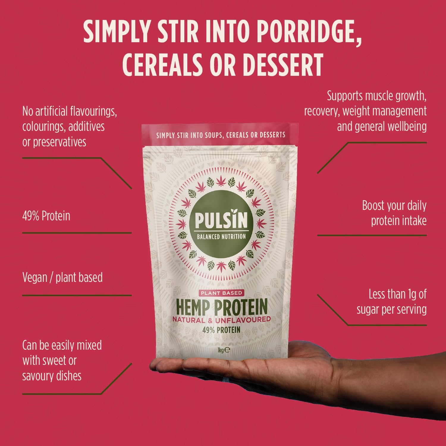 Pulsin - Natural Unflavoured Vegan Hemp Protein Powder - 1kg - 4.9g Protein, 0.4g Carbs, 35 Kcal Per Serving Pulsin uk supplements