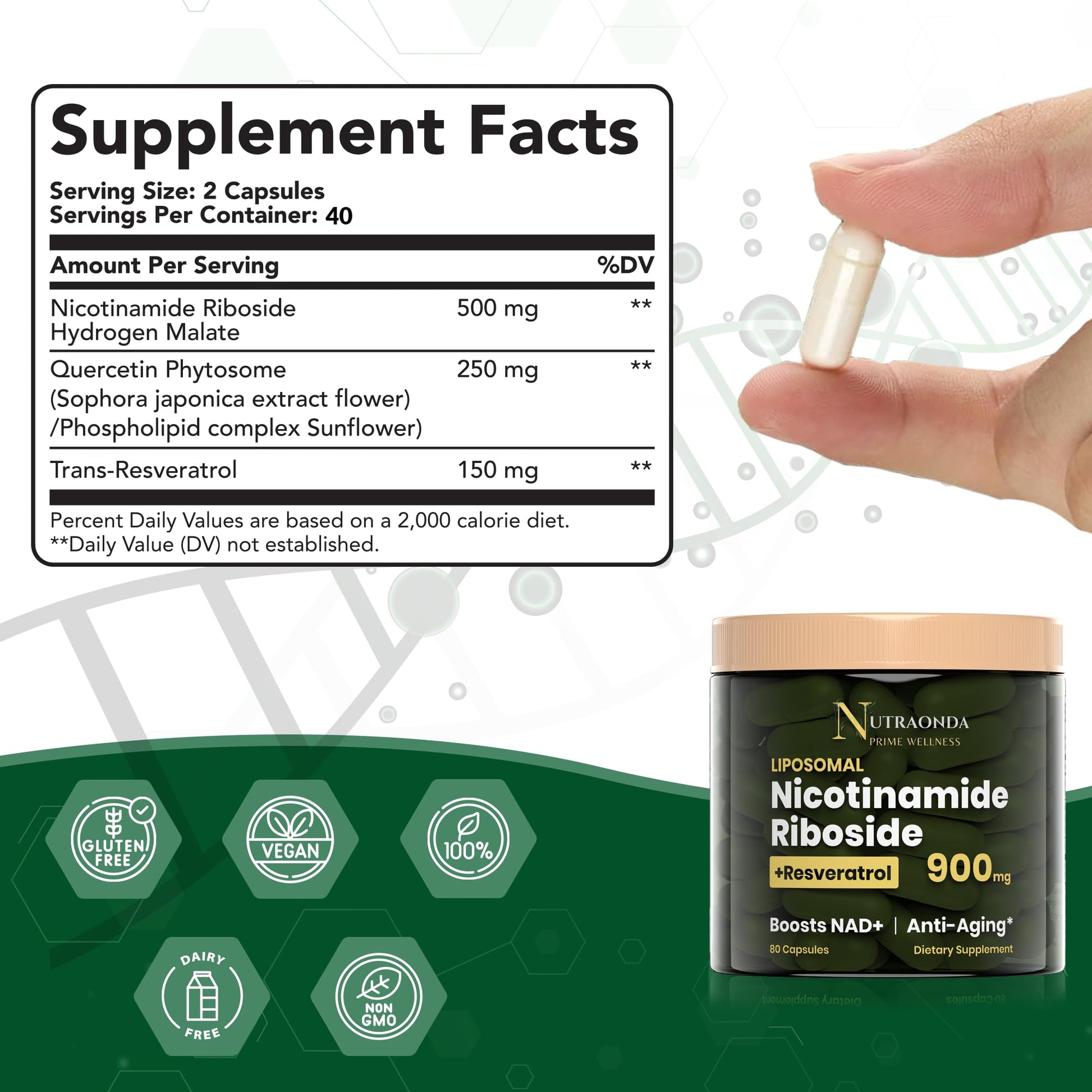 NUTRAONDA Liposomal Nicotinamide Riboside 900mg Resveratrol & Quercetin – NAD Supplement Plus for Anti Aging, Cellular Energy & Improve Health- 80 Capsules NUTRAONDA uk supplements