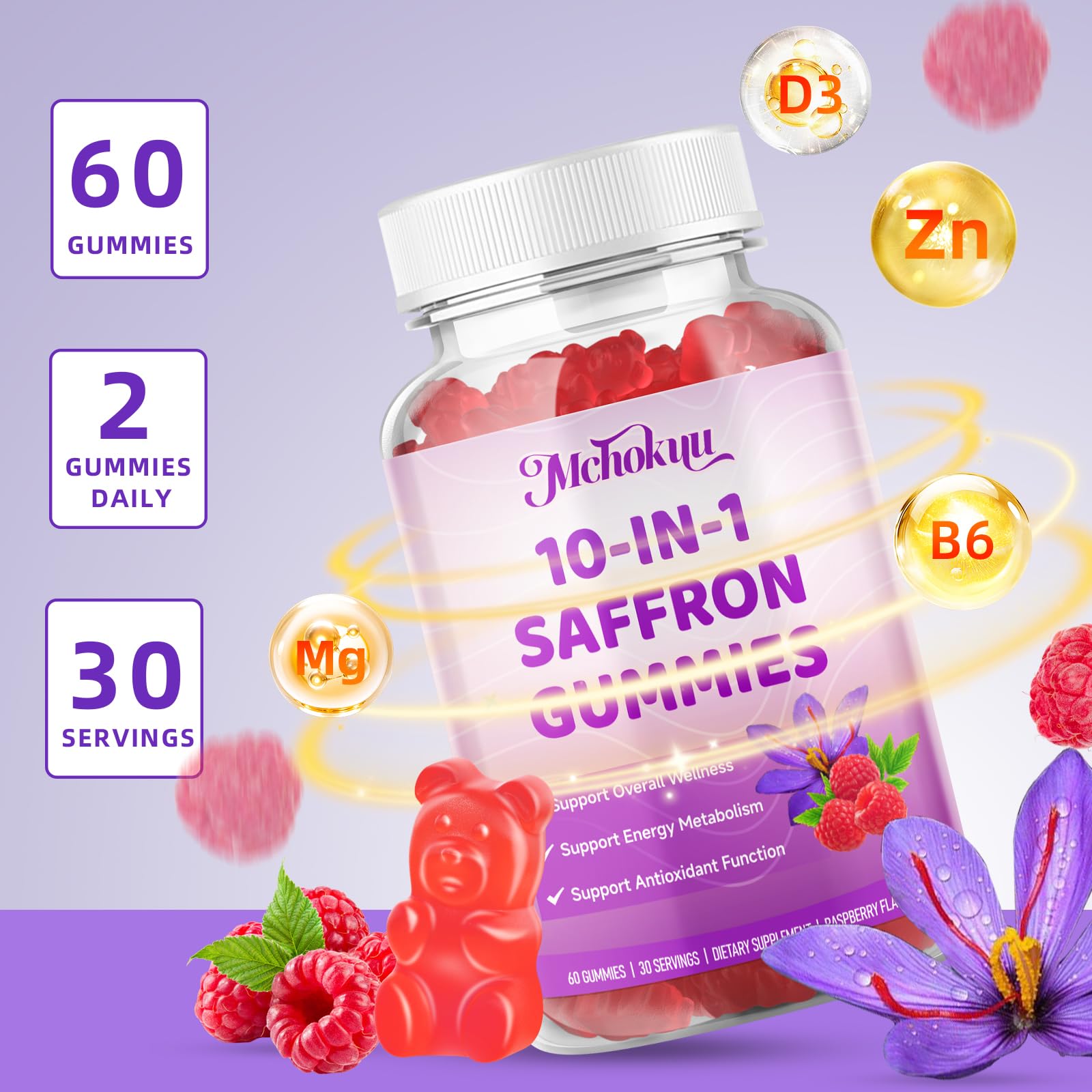 Saffron Supplement Gummies for Kids & Adults Supports Antioxidant Function with Ashwagandha, L-Theanine, Rhodiola Rosea, Lemon Balm, Vitamin D3, B6, Magnesium & Zinc – Raspberry Flavor, 60 Count Mchokuu uk supplements