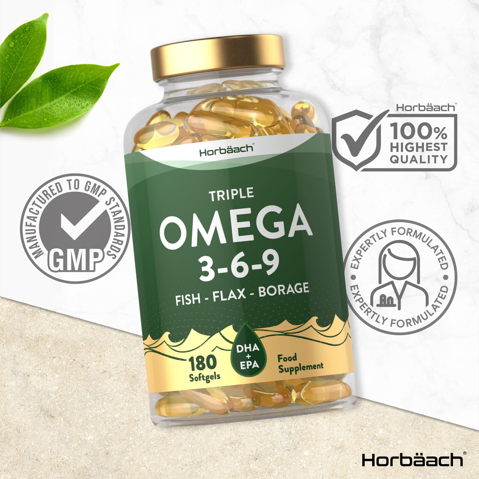 Triple Omega 3 6 9 Capsules | 180 Count | High Strength Supplement with DHA Horbäach uk supplements