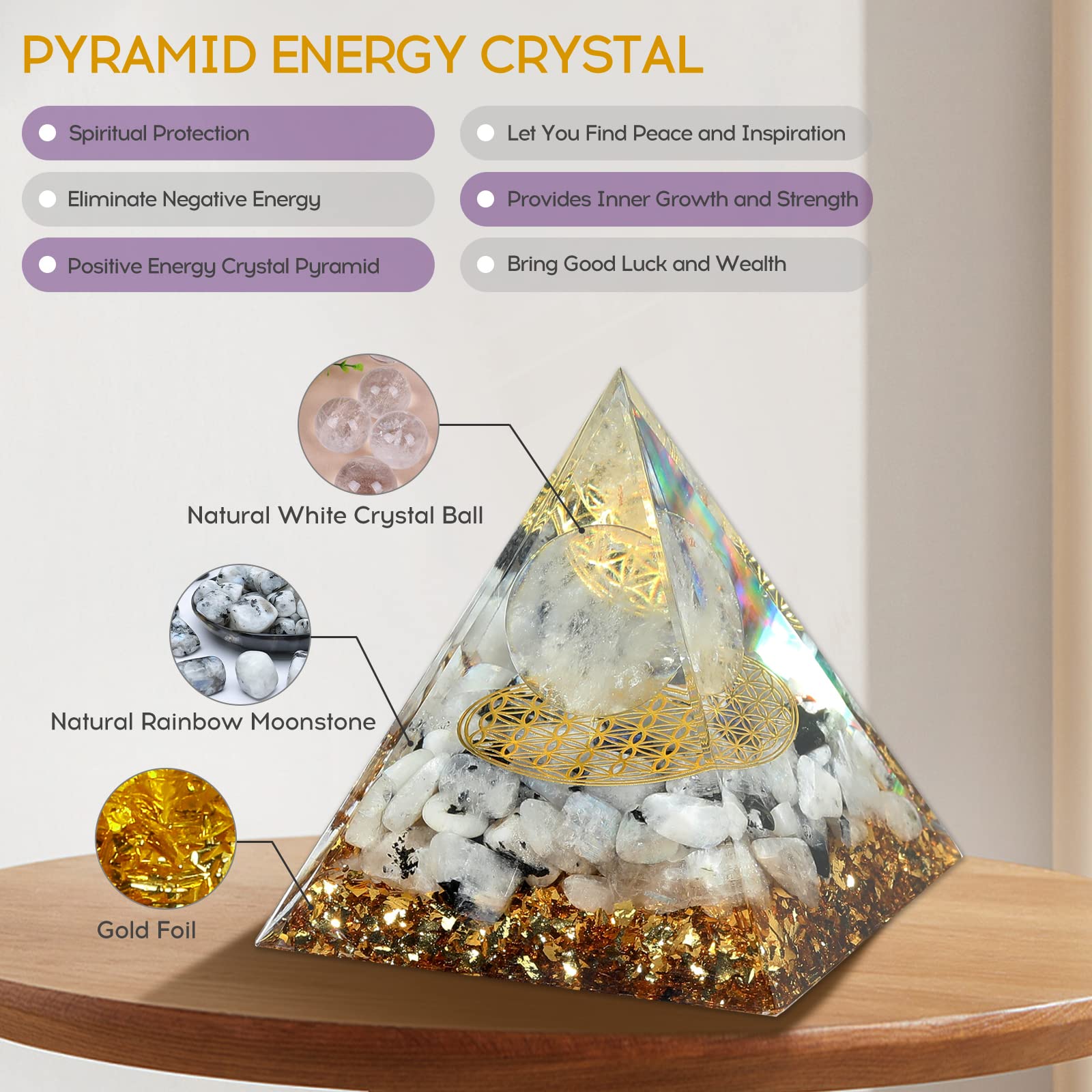 Hopeseed Orgone Pyramid for Positive Energy, Orgonite Rainbow Moonstone&White Crystal Hopeseed uk supplements