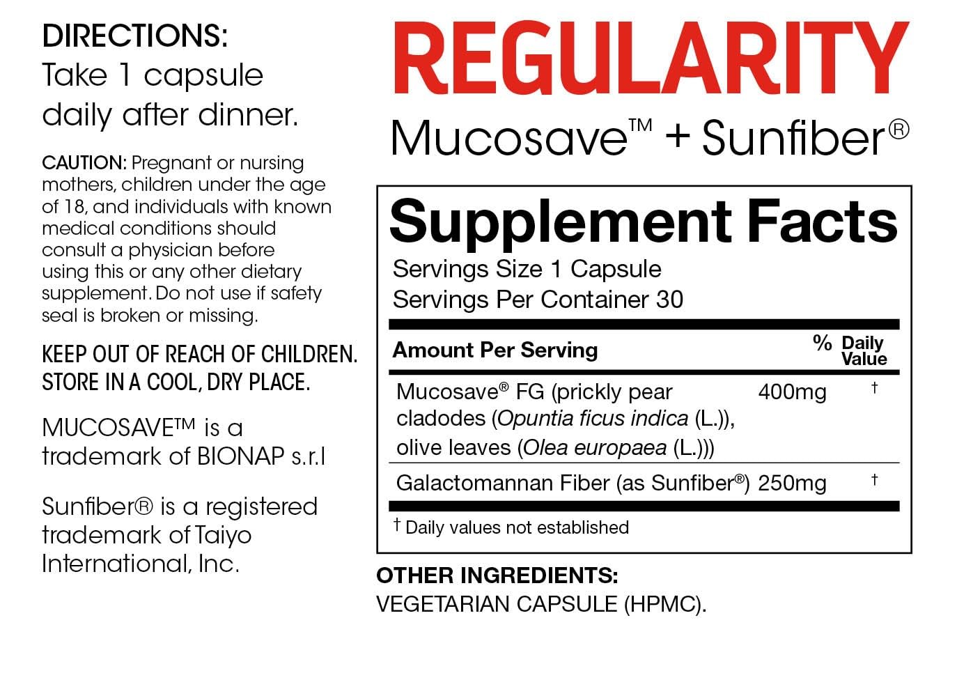 Silver Fern Regularity Digestive Supplement Capsules Brand - 1 Bottle = 30 Capsules = 30 Day Supply - Mucosave FG (Prickly Pear Polysaccharides & Olive Leaf Polyphenols) & SunFiber Silver Fern uk supplements