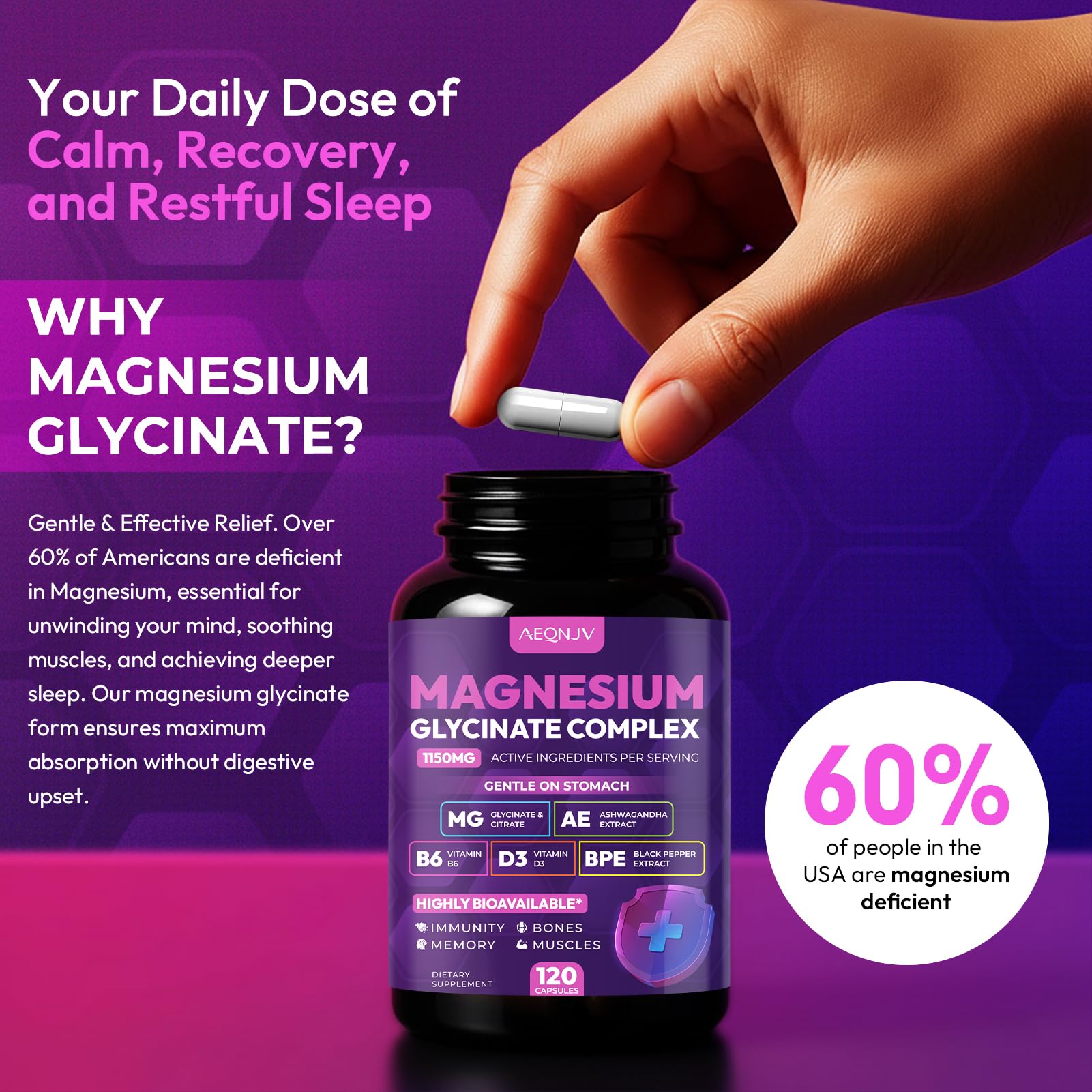 Magnesium Glycinate Complex 1150mg - Gentle on Stomach High Absorption Magnesium Capsules with Citrate, Silica, Ashwagandha & Vitamin B6 for Zzz, Stress Relief, Muscle Support for Adults, Women & Men AEQNJV uk supplements