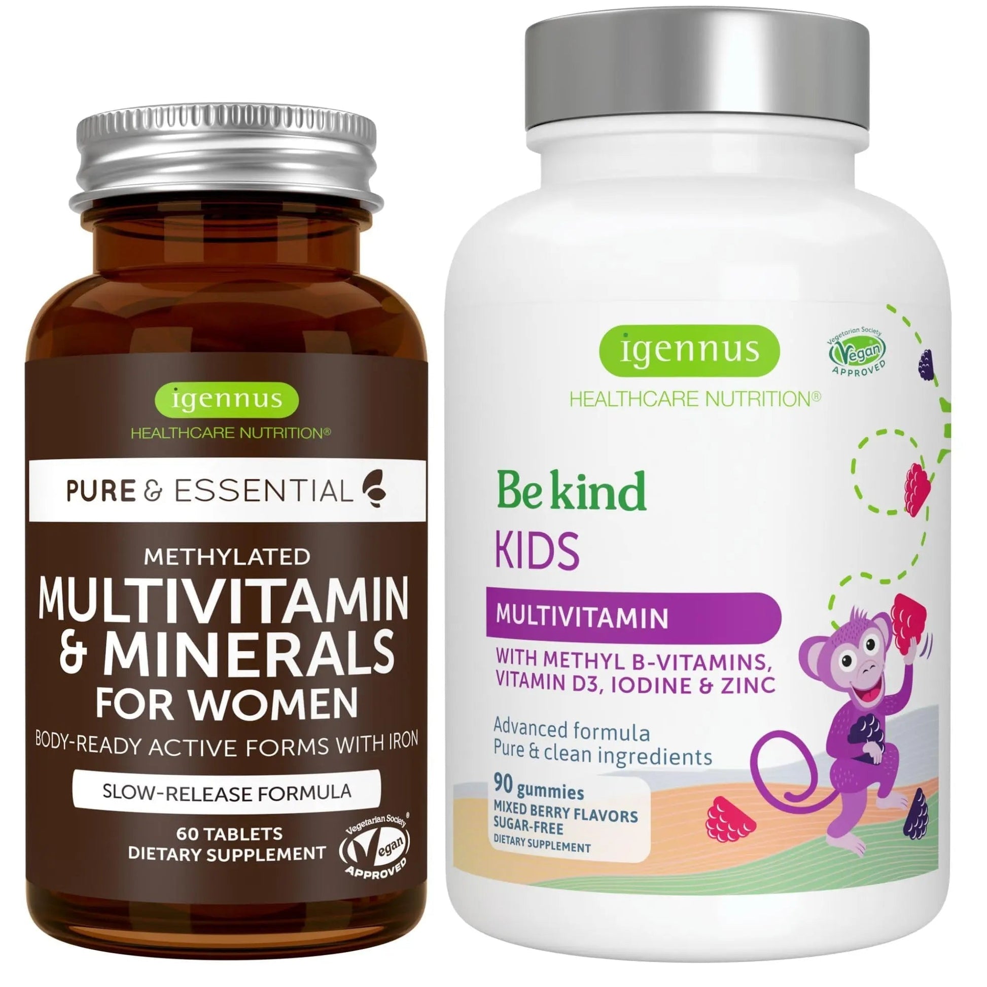 Multivitamin & Minerals for Women + Advanced Kids Multivitamin Gummy Vegan Bundle, with Methylated B-Vitamins, Vitamin A, C, D3 & E Igennus Healthcare Nutrition uk supplements