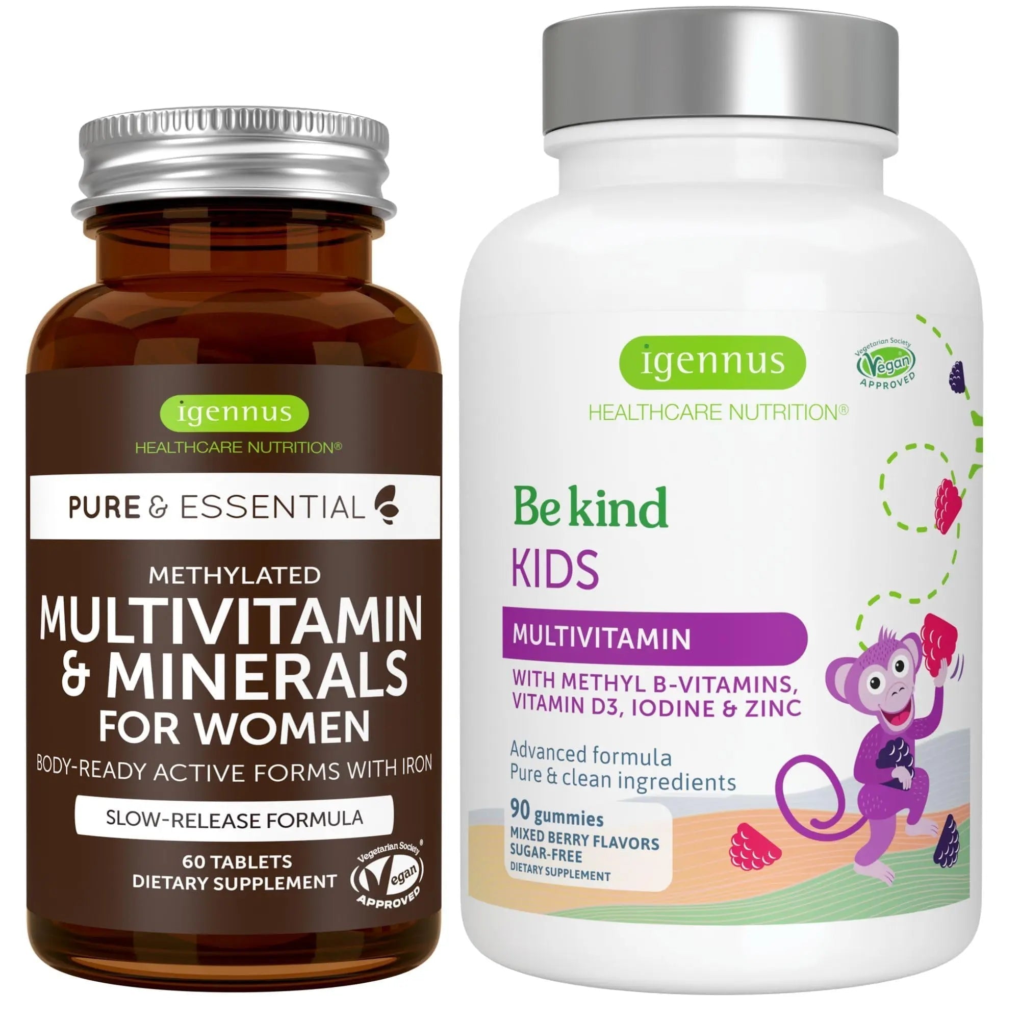 Multivitamin & Minerals for Women + Advanced Kids Multivitamin Gummy Vegan Bundle, with Methylated B-Vitamins, Vitamin A, C, D3 & E Igennus Healthcare Nutrition uk supplements