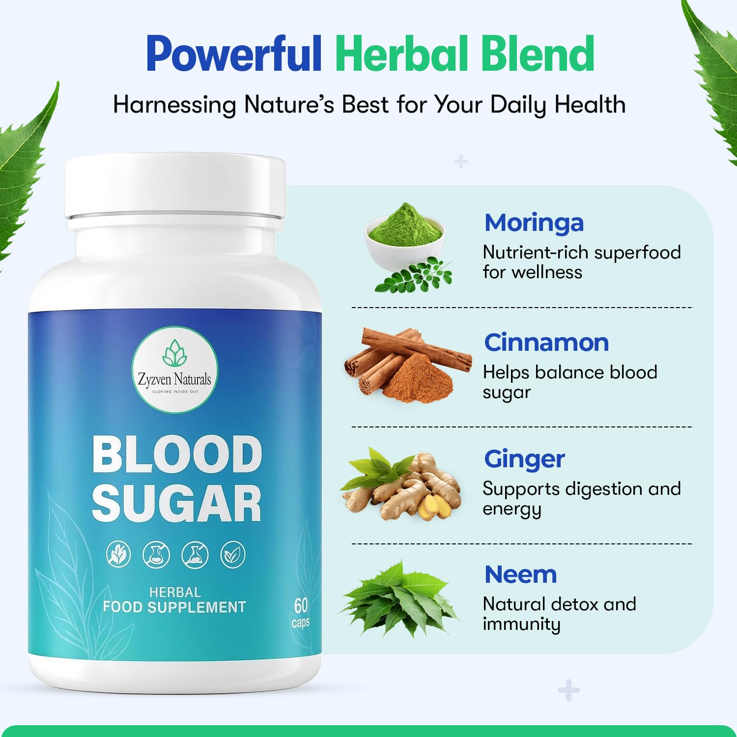 Zyzven Naturals Blood Sugar Support Supplement – 60 Vegan Capsules | Herbal Supplement with Moringa, Cinnamon, Ginger, Neem & Fenugreek | Plant-Based Wellness Supplement - Serving: 2 Capsules/Day Zyzven Naturals uk supplements