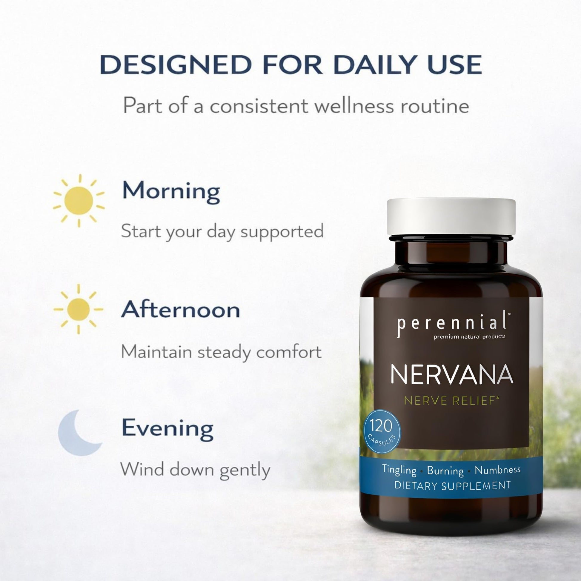 Perennial Nervana – Herbal Nerve Support for Tingling, Burning & Numbness Relief – Promotes Calm Focus & Stress Resilience – Non-Drowsy Mood Balance – 120ct* Perennial uk supplements