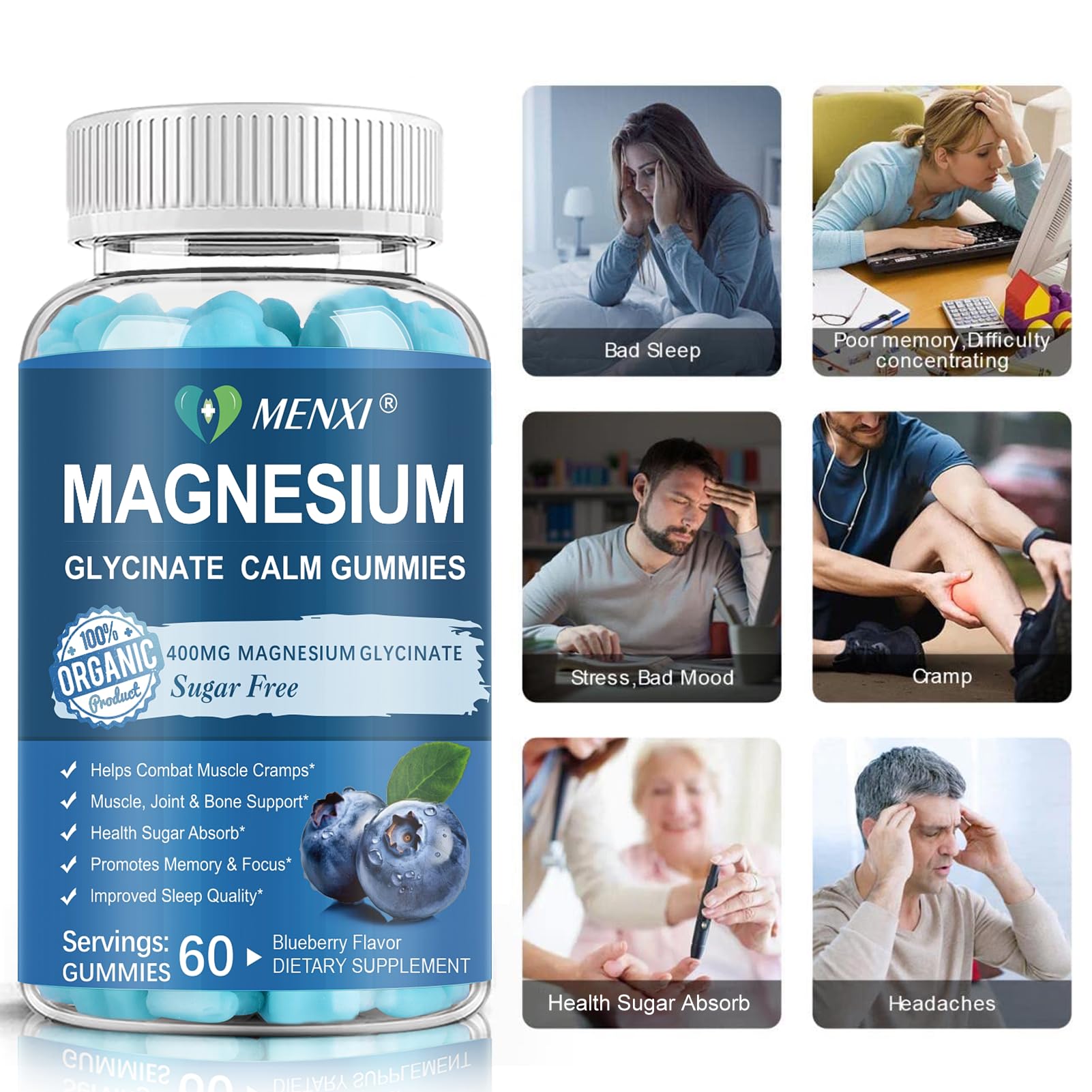 Magnesium Gummies 600mg per Serving-Magnesium Glycinate 400mg and Magnesium Malate 200mg,Sugar Free Magnesium Potassium Supplement for Calm Mood, Muscle, Bone & Sleep Support,60 Blueberry Gummies MENXI uk supplements