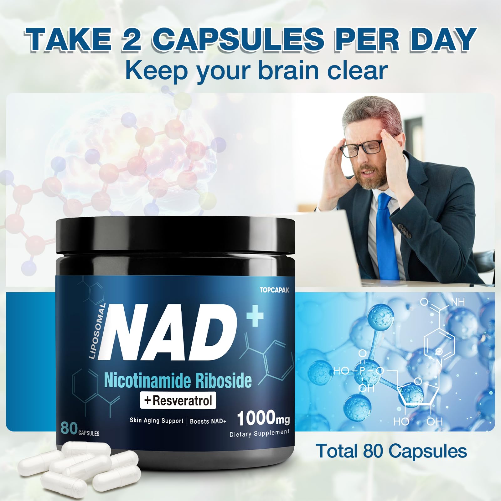 NAD+ Supplement 1000mg - Nicotinamide Riboside (NR) and Resveratrol, Liposomal NAD of Pure Organic Ingredients for Women & Men Healthy Aging, Brain and Cellular Energy, 80 Capsules TOPCAPAK uk supplements