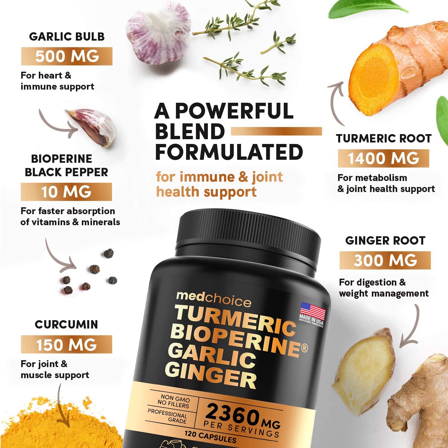 4-in-1 Turmeric and Garlic Supplements with Bioperine 2360 mg (360 ct) Turmeric Ginger MEDCHOICE uk supplements