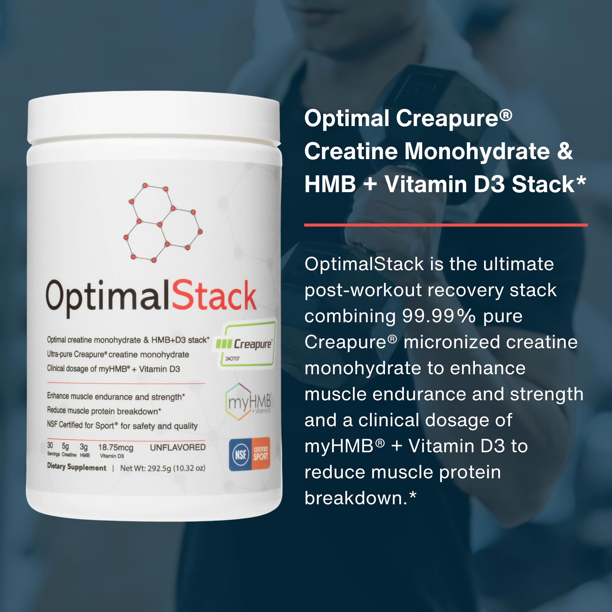 OptimalStack Creatine Monohydrate, HMB, & Vitamin D3 Stack | with Creapure Creatine, Clinical Dosage of myHMB, and Vitamin D3 | NSF for Sport Certified | Unflavored, 30 Servings OptimalAmino uk supplements