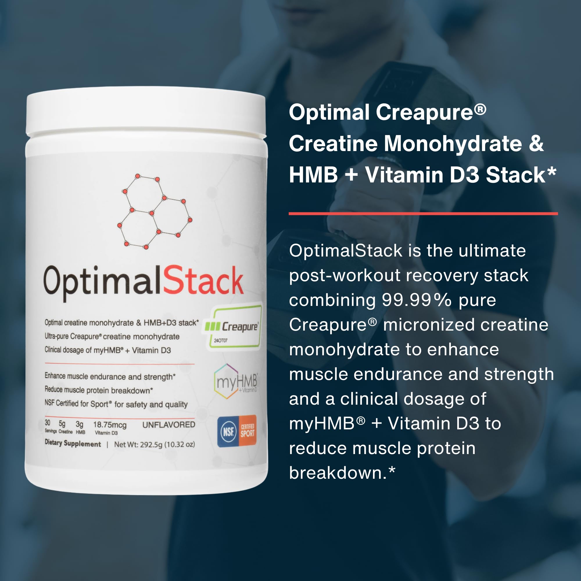 OptimalStack Creatine Monohydrate, HMB, & Vitamin D3 Stack | with Creapure Creatine, Clinical Dosage of myHMB, and Vitamin D3 | NSF for Sport Certified | Unflavored, 30 Servings OptimalAmino uk supplements