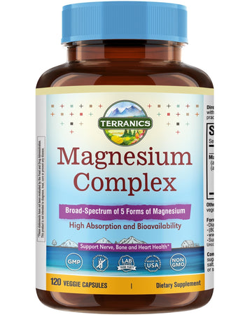 Terranics 5-in-1 Magnesium Complex Supplement 500mg - 5 Forms High Absorption Magnesium Glycinate Citrate Malate Aspartate Gluconate for Sleep Heart Health - Non-GMO 120 Vegan Capsules Terranics uk supplements